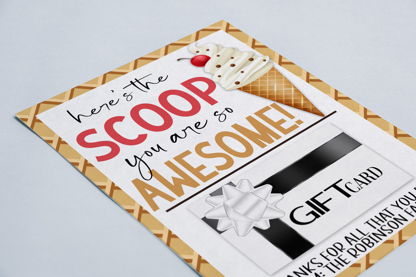 Ice Cream Gift Card Holder, Here's The Scoop You're Awesome, Gift For Teachers Staff Employees Volunteers Nurse PTO PTA, Editable Printable
