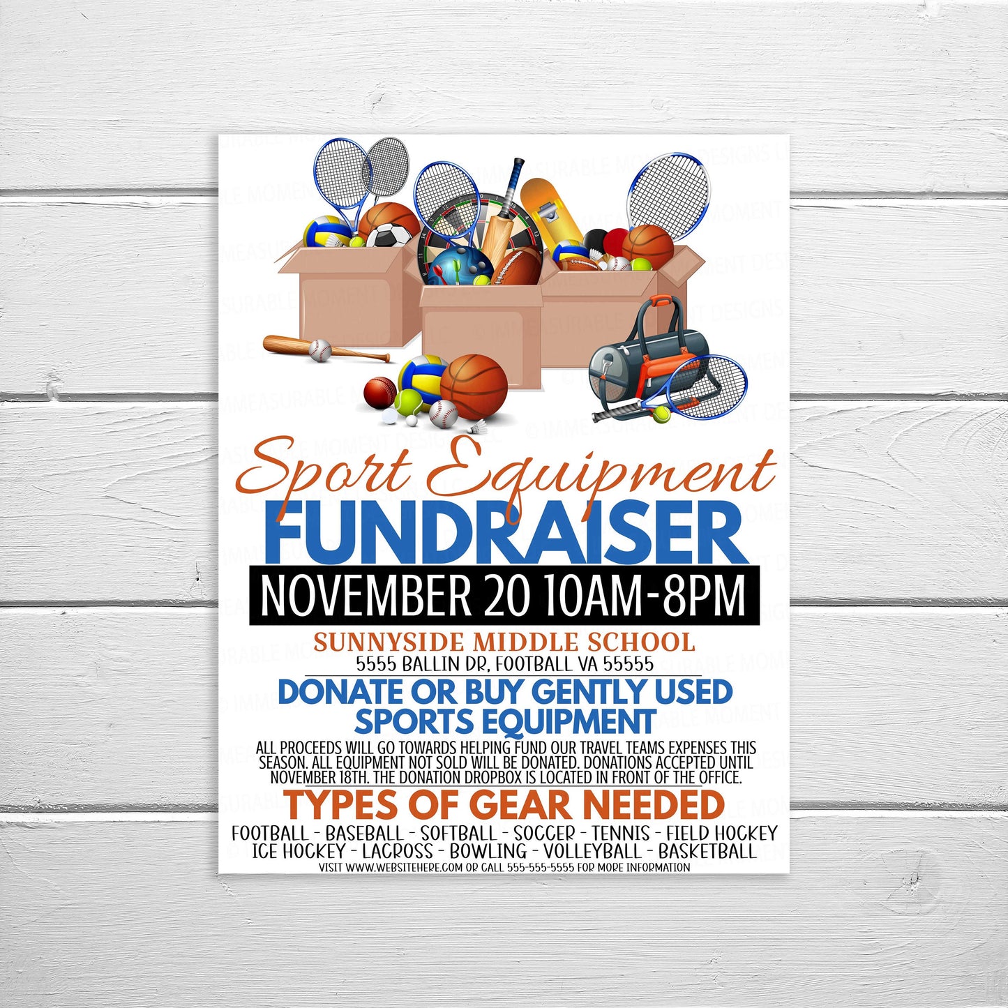 Editable Used Sports Equipment Flyer, School Church Sporting Goods League Fundraising, PTO PTA Community Donation Charity Event, Printable