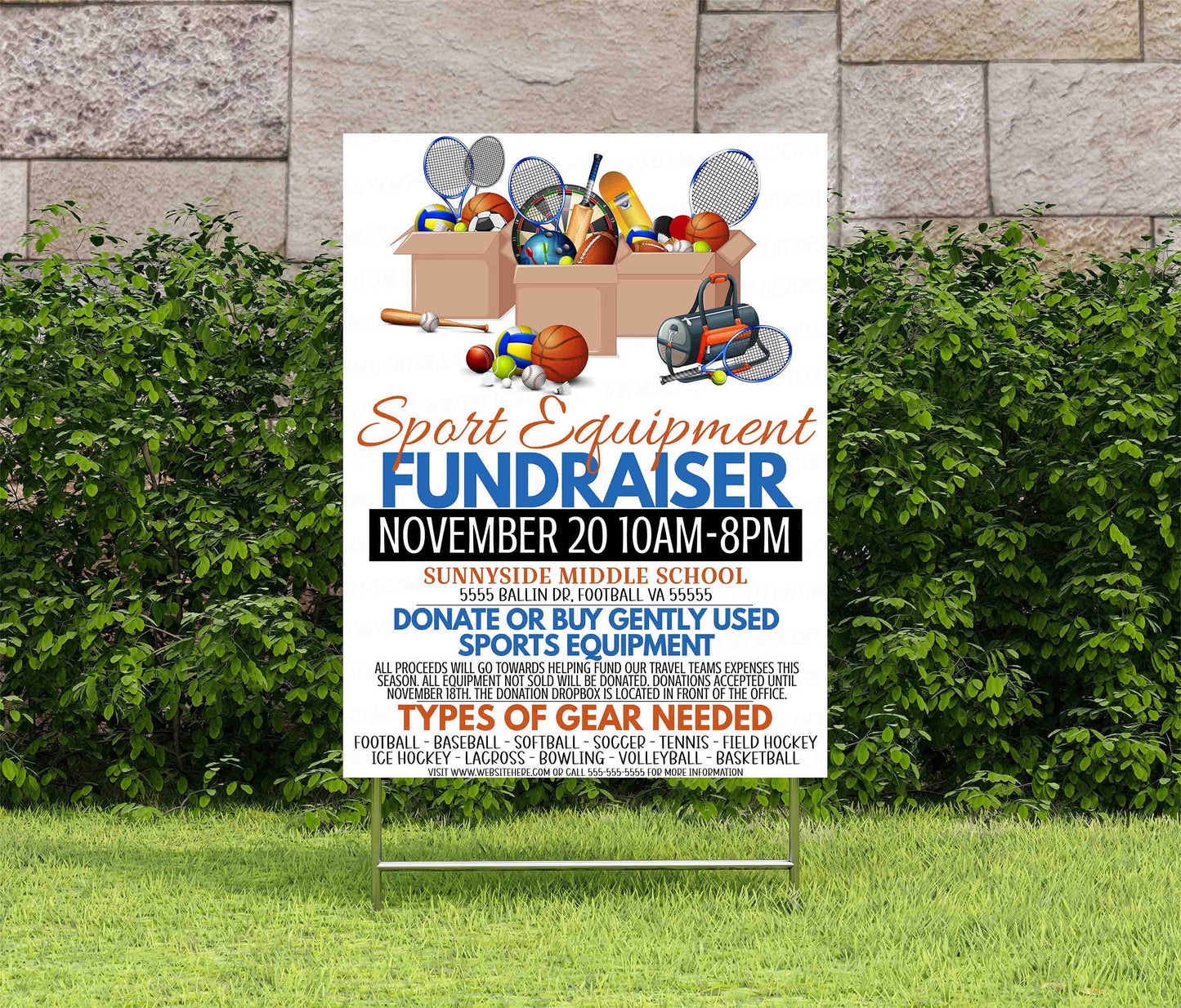Editable Used Sports Equipment Flyer, School Church Sporting Goods League Fundraising, PTO PTA Community Donation Charity Event, Printable