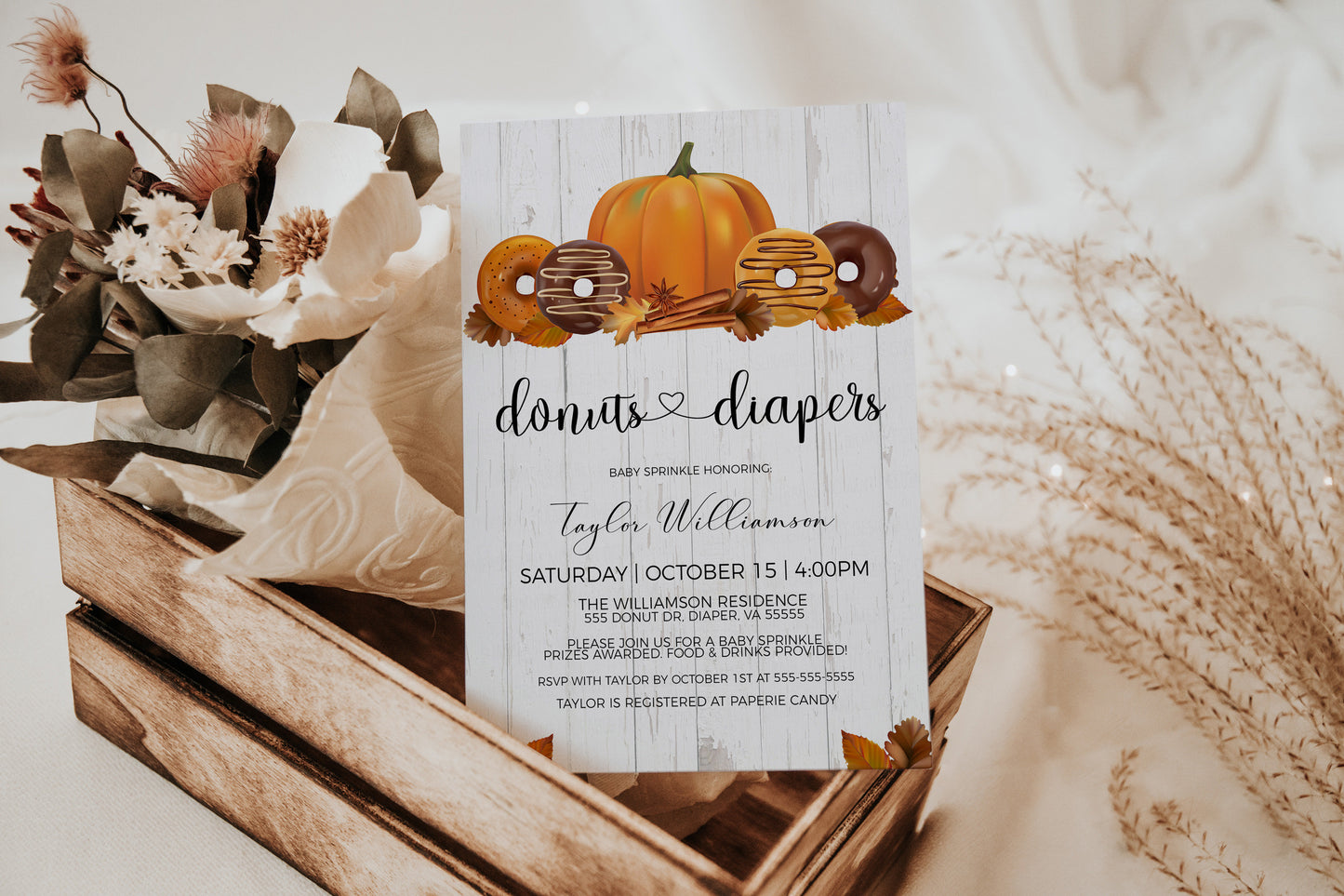 Fall Baby Shower Donut Invitation, Autumn Donut And Diapers Invite, Baby Sprinkle, Boy Girl Twins Sprinkled With Love, Editable Printable