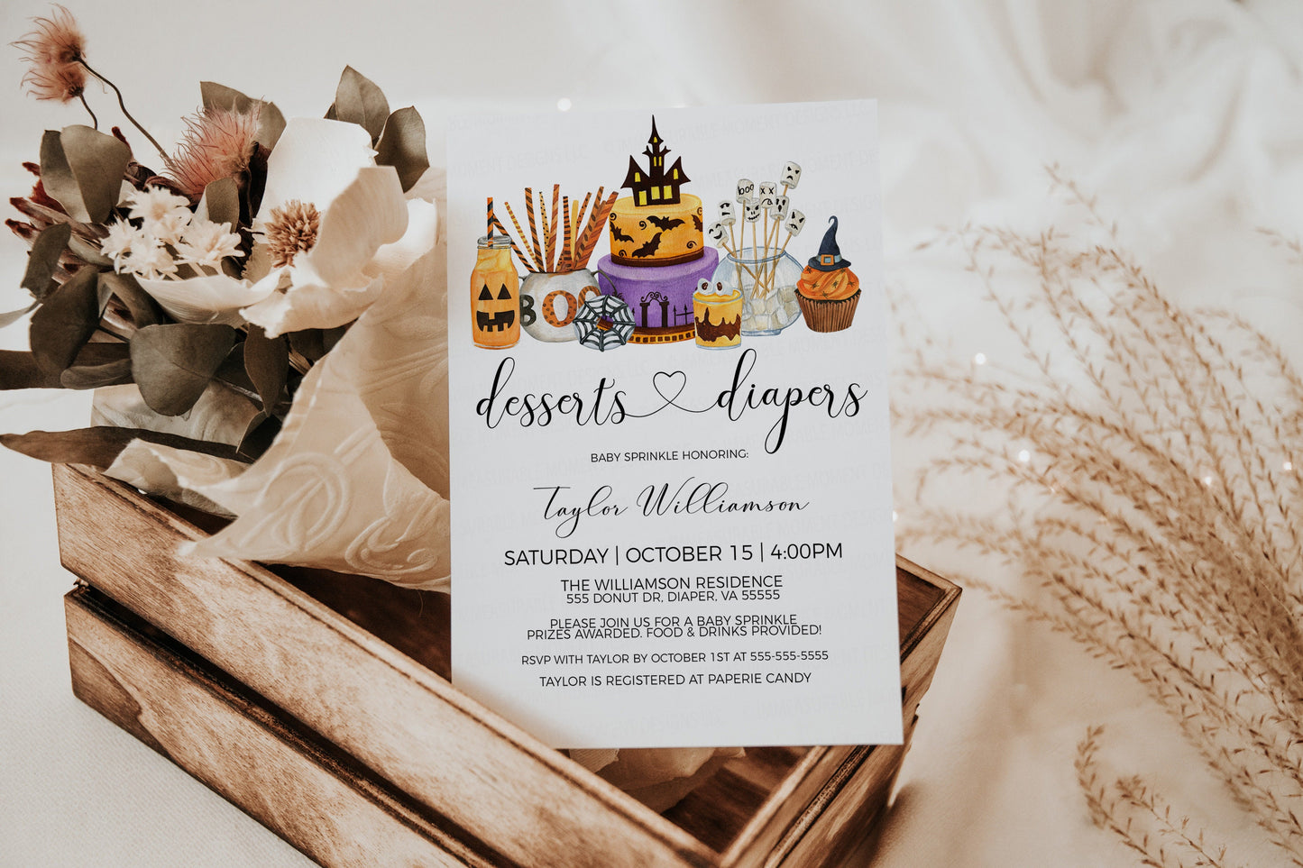 Halloween Baby Shower Invitation, Desserts And Diapers Invite, Donuts Baby Sprinkle, Boy Girl Twins Sprinkled With Love, Editable Printable