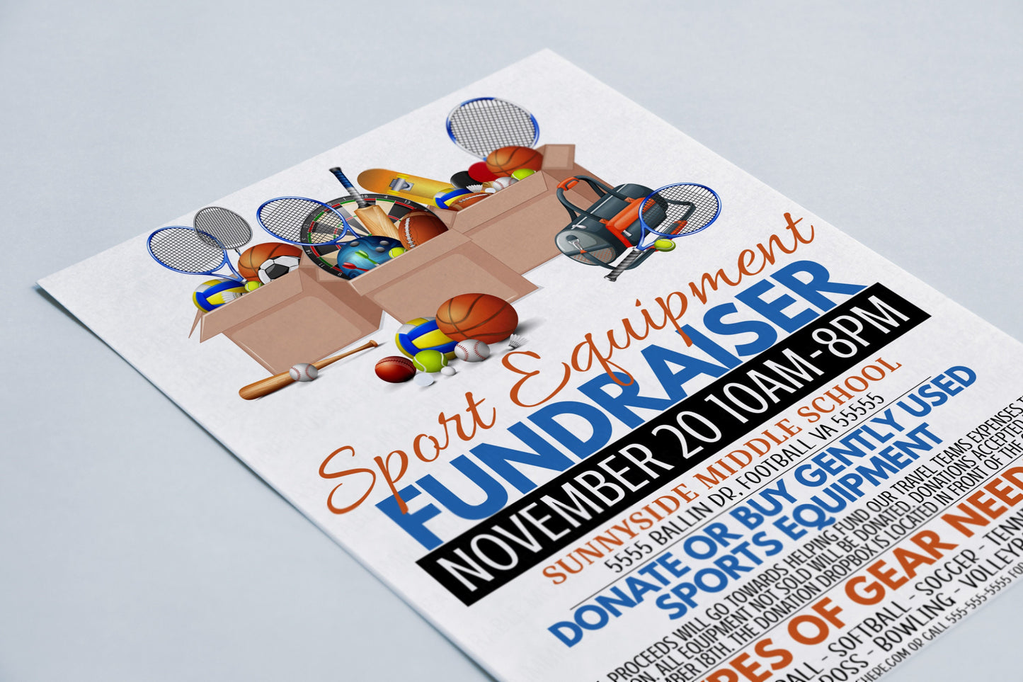 Editable Used Sports Equipment Flyer, School Church Sporting Goods League Fundraising, PTO PTA Community Donation Charity Event, Printable