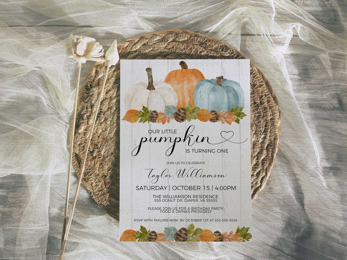 Editable Little Pumpkin Birthday Invitation, Any Age Invite, Fall Autumn, Girl Boy Twins, Rustic Farmhouse Watercolor, Editable Printable