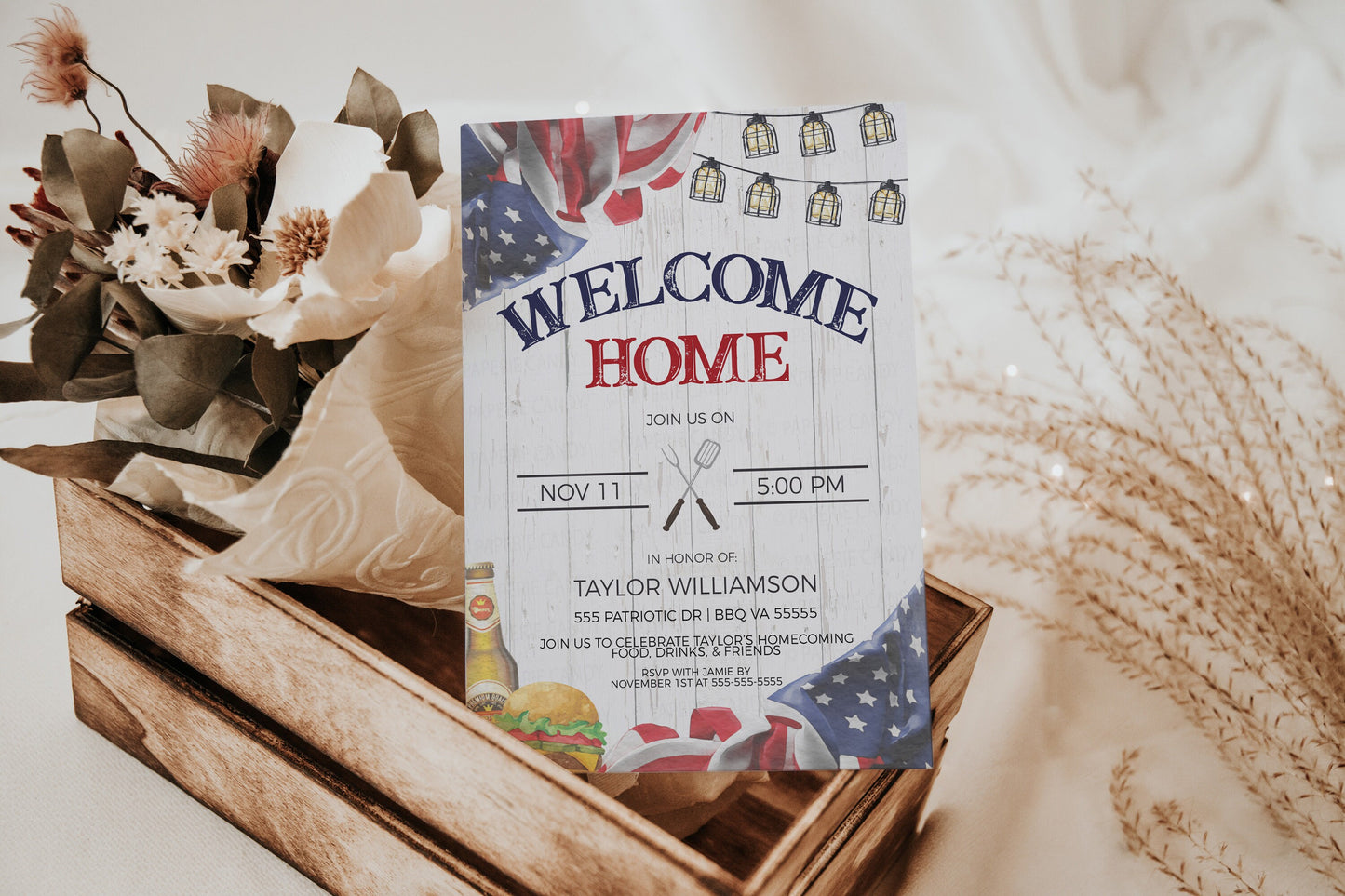 Military Homecoming Invitation, Welcome Home Deployment BBQ Party Invite, United States Navy Army Marines Coast Guard Air Force, Printable