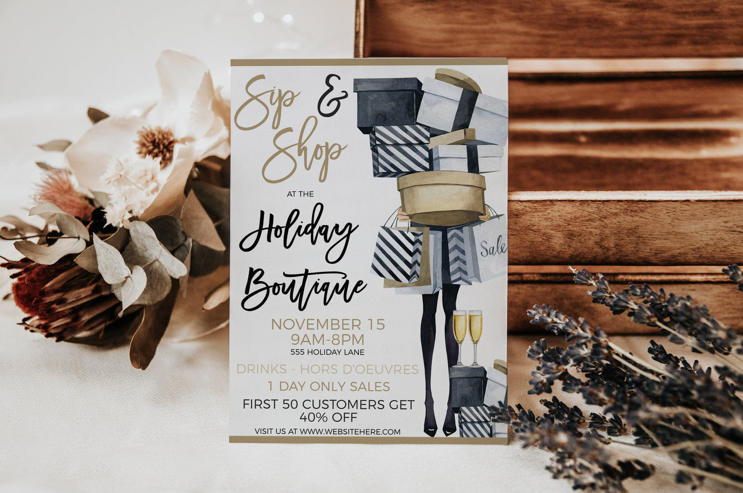 Editable Sip And Shop Invitation, Winter Holiday Christmas Invite, Boutique Store Invite, Open House Event, Company Business, Printable