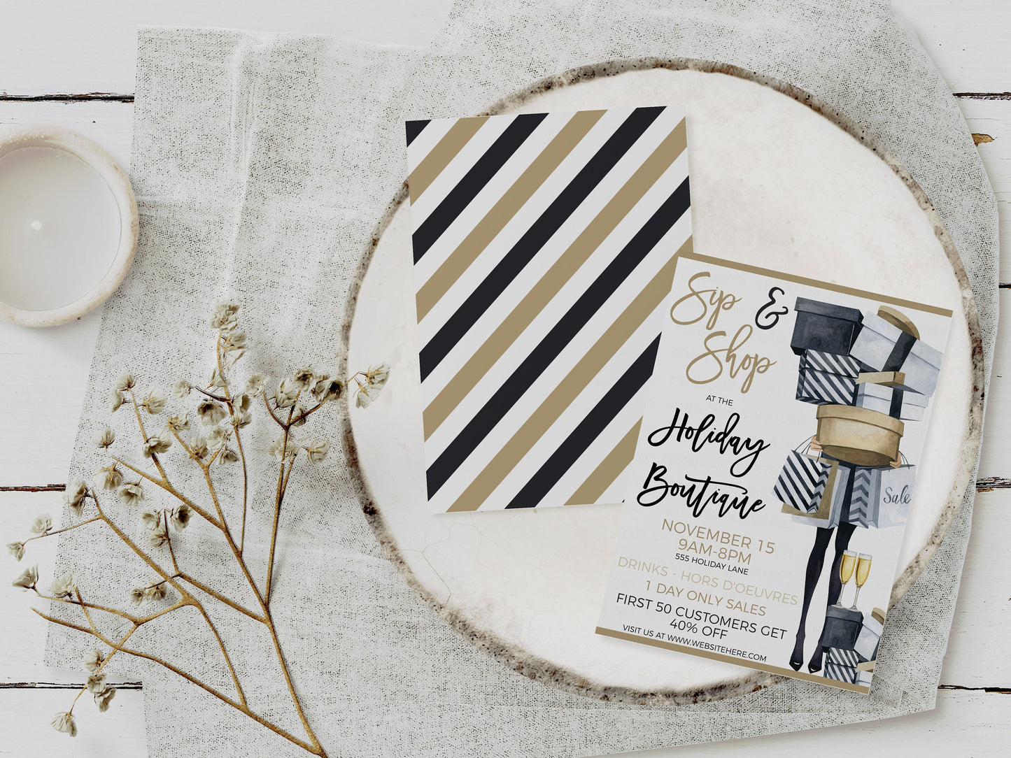 Editable Sip And Shop Invitation, Winter Holiday Christmas Invite, Boutique Store Invite, Open House Event, Company Business, Printable