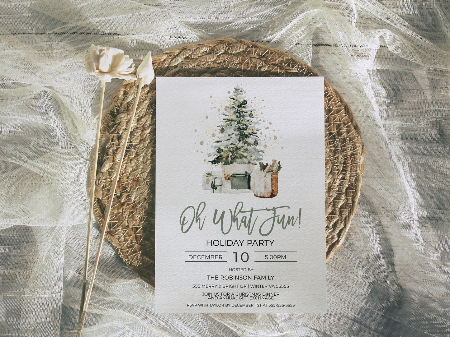 Christmas Party Invitation, Editable Oh What Fun Invite, Winter Holiday Christmas Tree, Gift Exchange, Lunch Dinner, DIY Printable Template