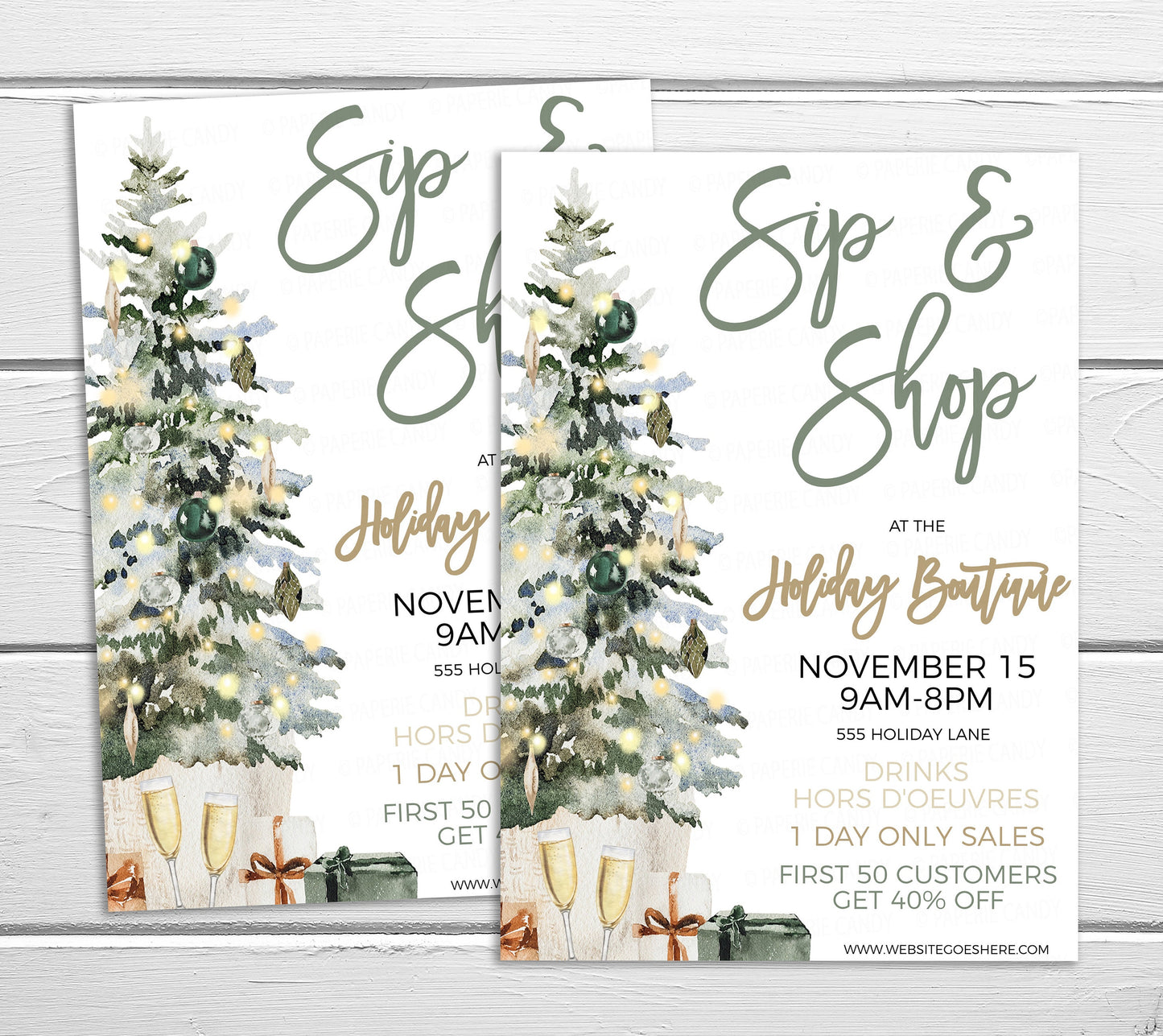 Editable Sip And Shop Invitation, Winter Holiday Christmas Invite, Boutique Store Invite, Open House Event, Company Business, Printable