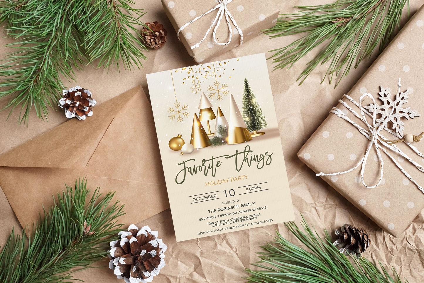 Editable Favorite Things Christmas Party Invitation, Favorite Thing Gift Exchange Invite, Winter Holiday Christmas Tree, Printable Template