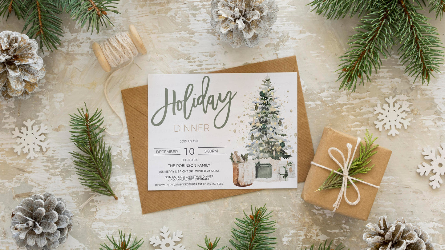 Editable Holiday Party Invitation, Brunch Lunch Dinner Breakfast Invite, Christmas Business Company Staff Employee Friends Family, Printable