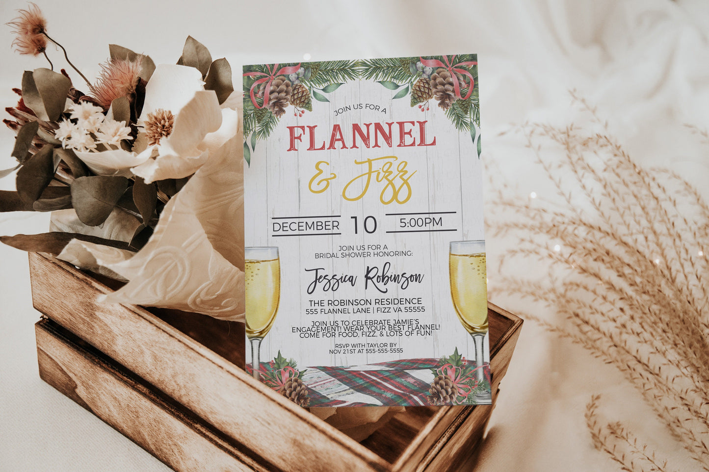 Flannel And Fizz Party Invitation, Plaid Bachelorette Invite, Flannel Fling Bridal Shower, Rustic Weekend Cabin, Editable Printable Template