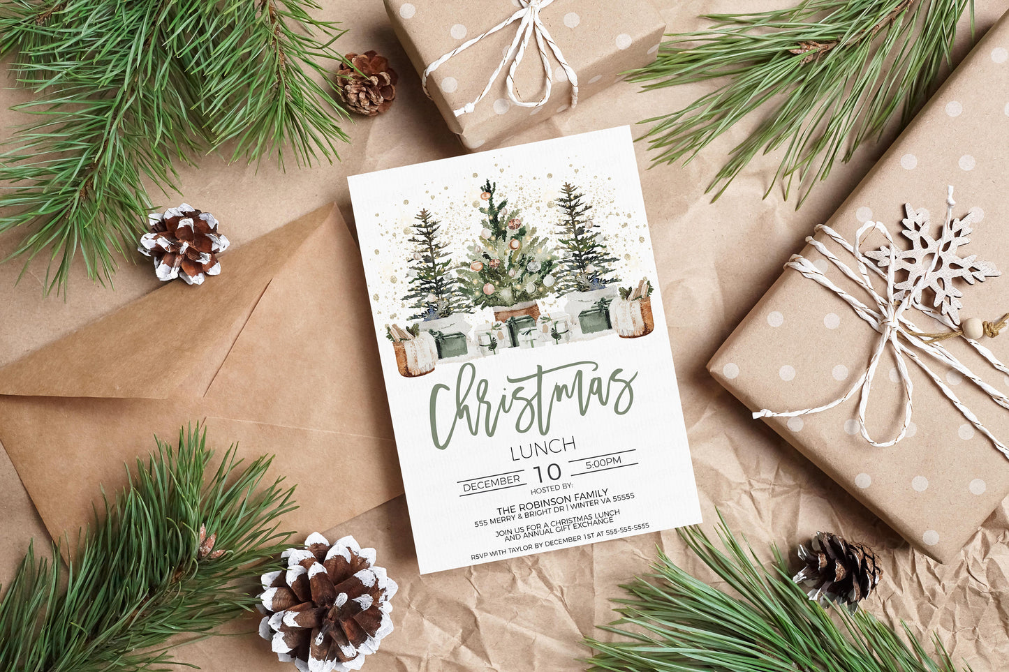 Editable Christmas Lunch Party Invitation, Brunch Luncheon Dinner Winter Holiday Invite, Business Company Staff Employee, Printable