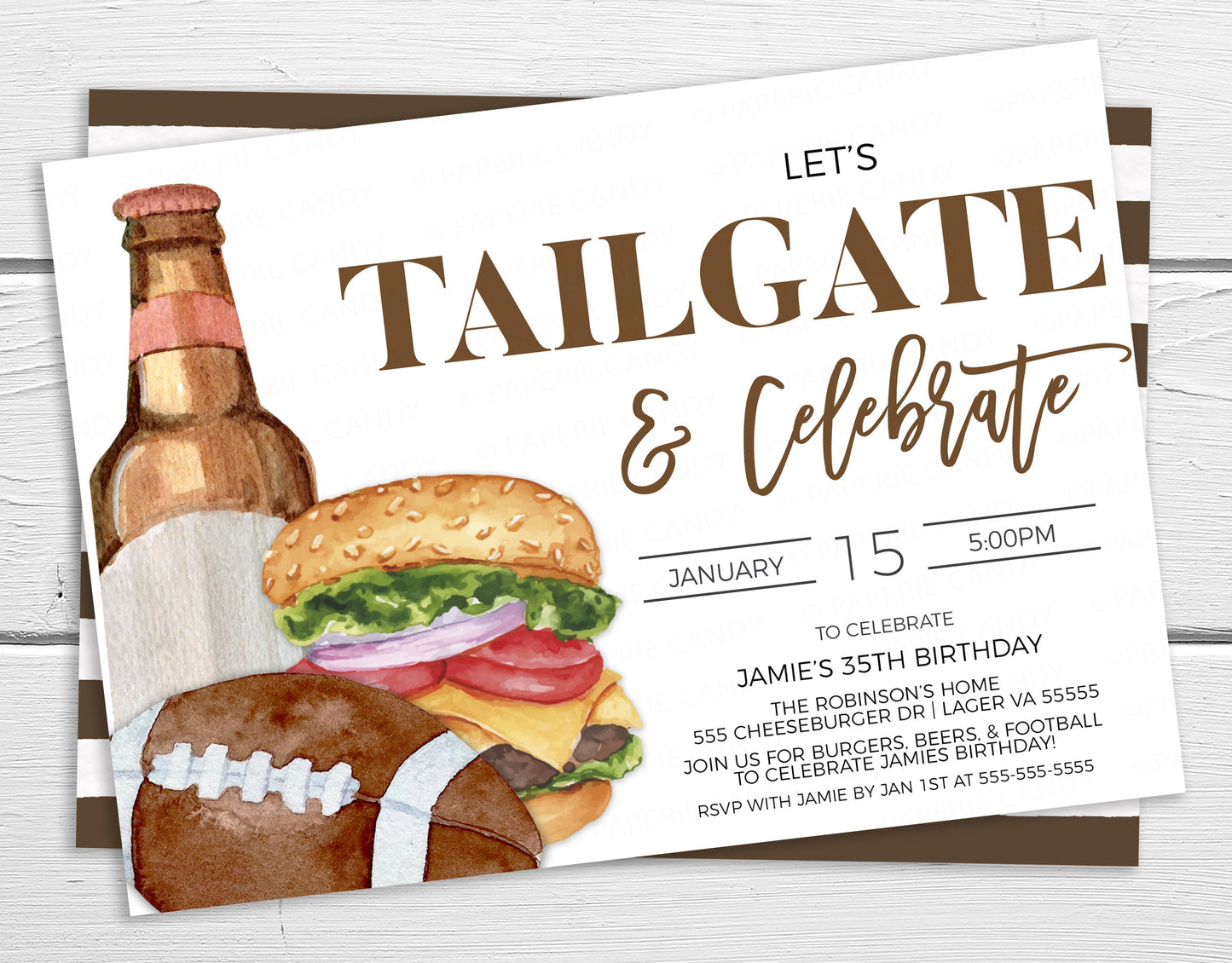Football Birthday Party Invitation, Tailgate And Celebrate Invite, Burger Beer Football Big Game, 20th 25th 30th 35th 40th 45th 50th Party