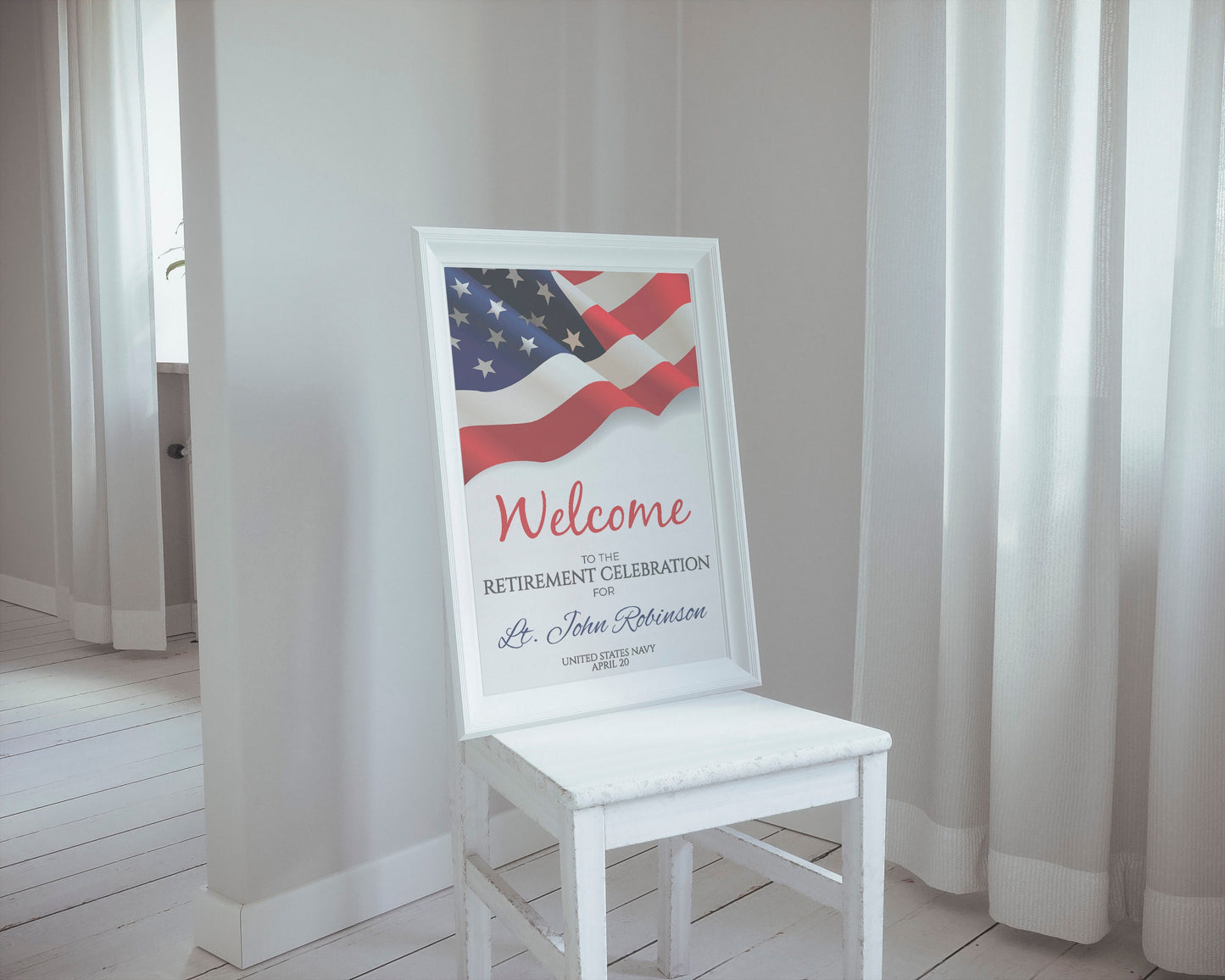 Editable American Flag Party Sign, Retirement Ceremony, Hail & Bail Farewell Change of Command, Promotion Navy Army Marines Air Force Police