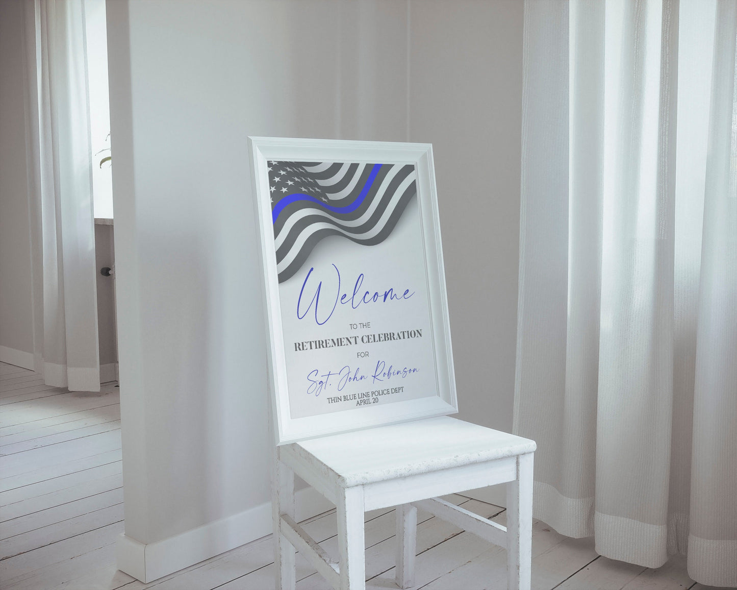 Police Officer Retirement Sign, Editable Thin Blue Line Poster, Police Officer Academy Graduation Ceremony Sign, Police Promotion