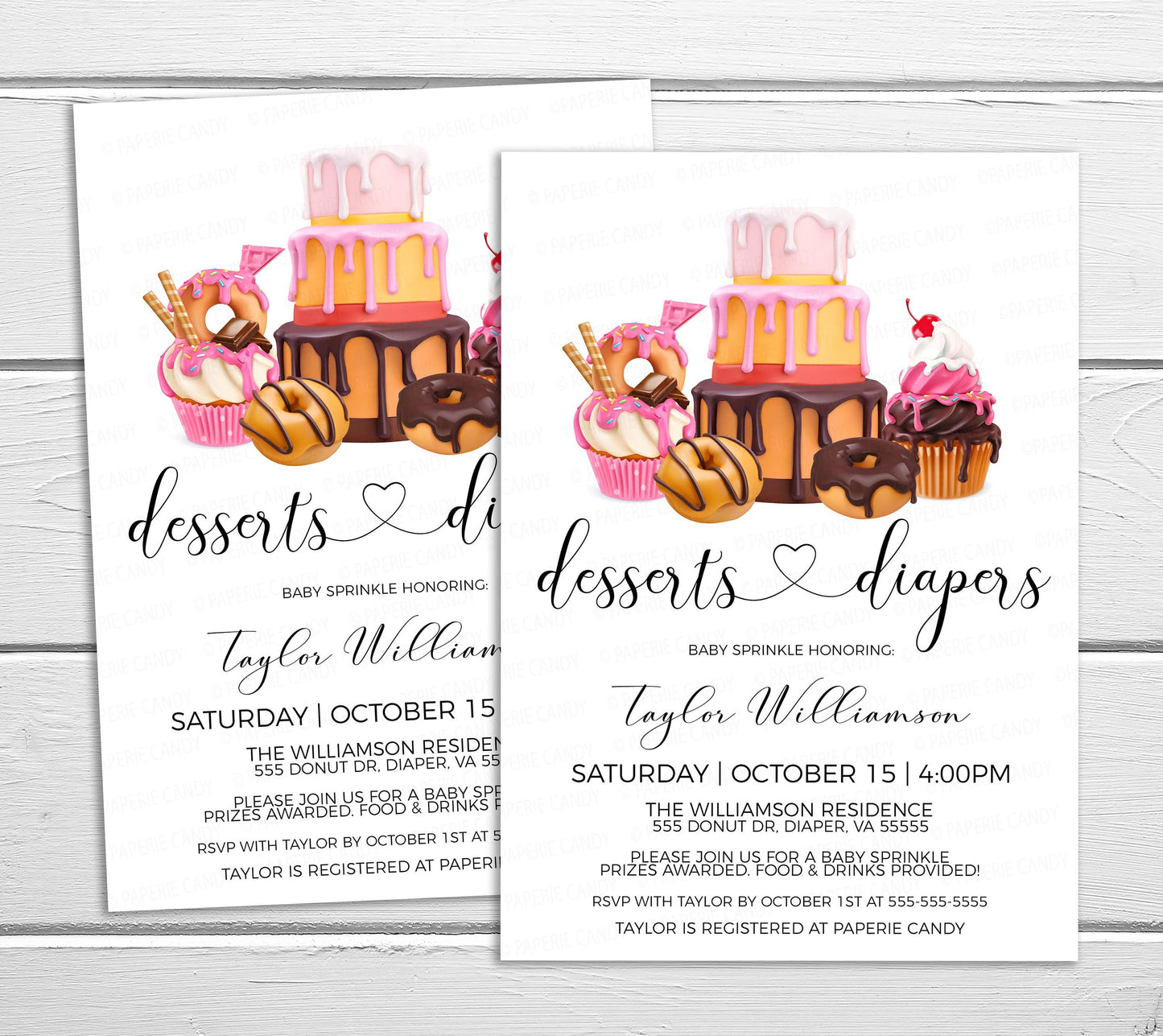 Girl Baby Shower Invitation, Pink Brown Desserts And Diapers Invite, Donuts Baby Sprinkle, Girl Twins Sprinkled With Love Editable Printable