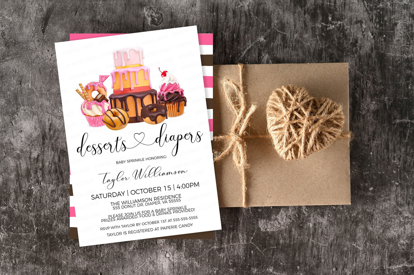 Girl Baby Shower Invitation, Pink Brown Desserts And Diapers Invite, Donuts Baby Sprinkle, Girl Twins Sprinkled With Love Editable Printable