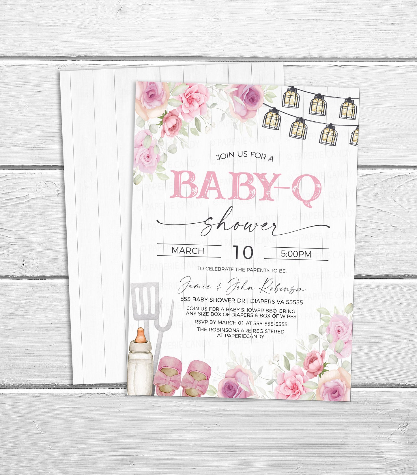 Baby Girl Pink Baby-Q Baby Shower Invitation, Coed Couples Baby Shower BBQ Burgers Beer Invite, Backyard Barbecue, Rustic Editable Printable