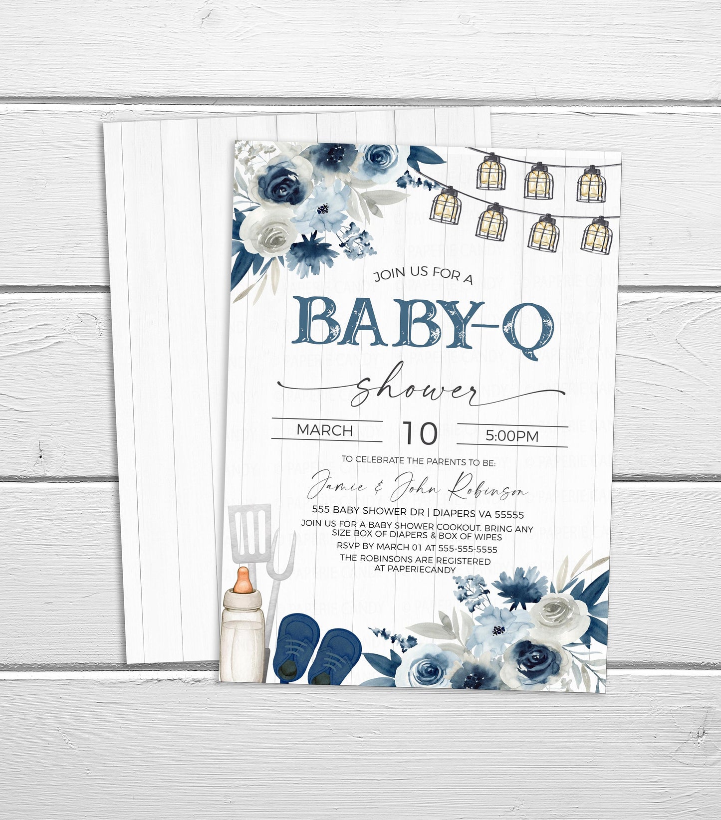 Baby Boy Blue Baby-Q Baby Shower Invitation, Coed Couples Baby Shower BBQ Burgers Beer Invite, Backyard Barbecue, Rustic, Editable Printable