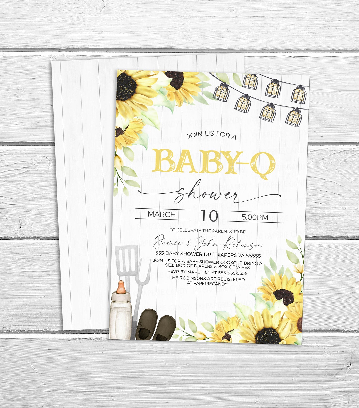 Baby-Q Baby Shower Invitation, Gender Neutral Sunflowers Baby-Q Invite, Coed Couples BBQ Burgers Beer, Backyard Barbecue, Editable Printable