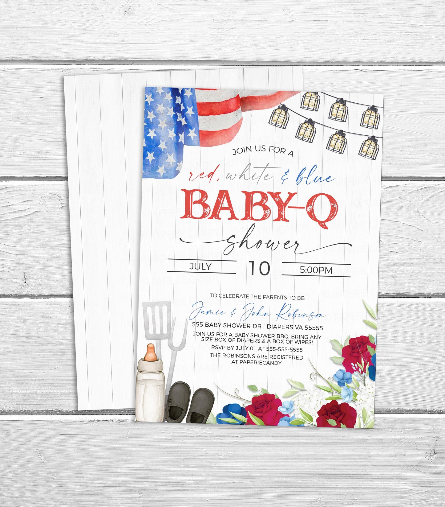 Baby-Q Baby Shower Invitation, Red White Blue Patriotic Babyq Invite American Flag Coed Couples BBQ Burgers Beer Barbecue Editable Printable
