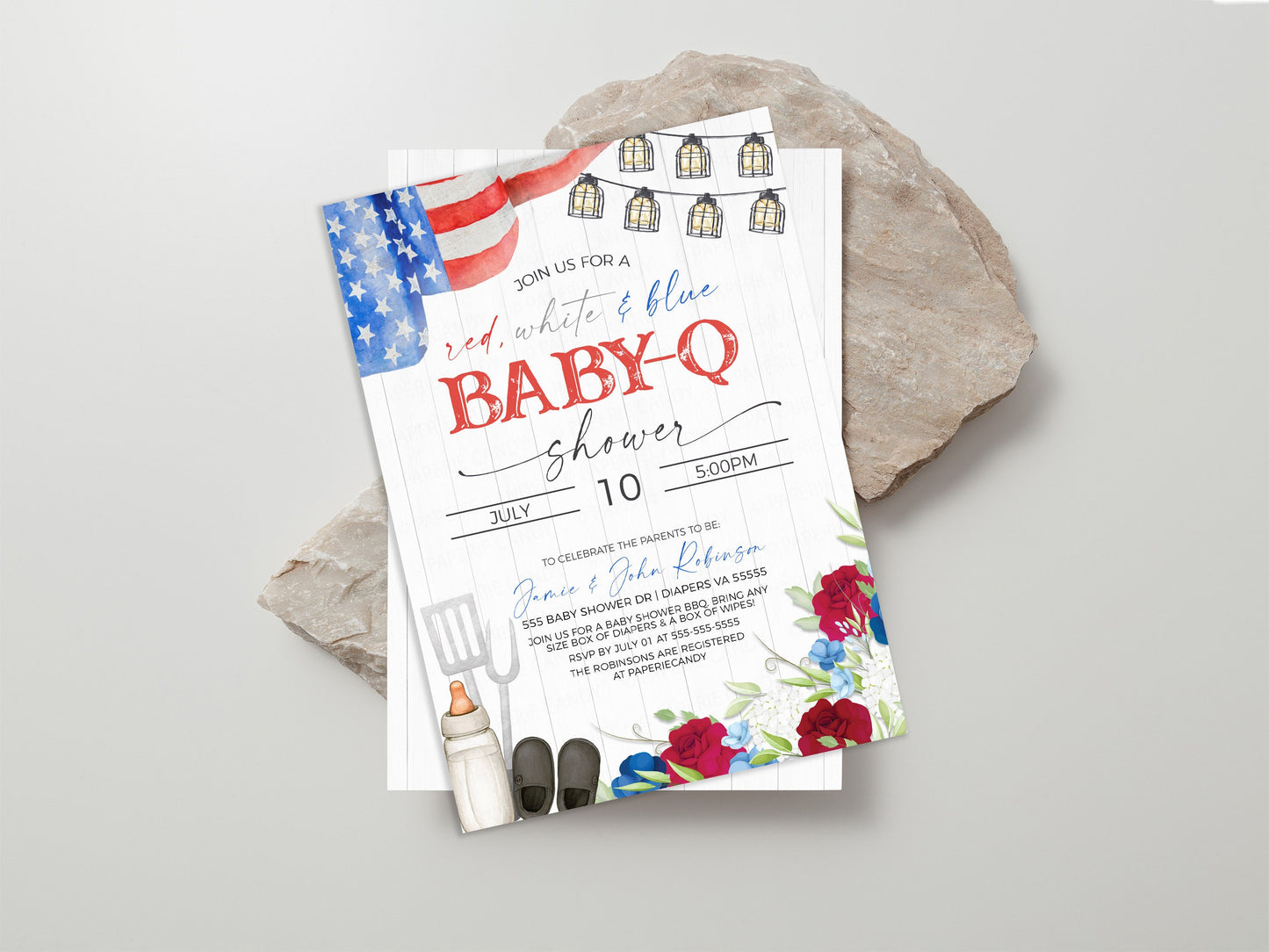 Baby-Q Baby Shower Invitation, Red White Blue Patriotic Babyq Invite American Flag Coed Couples BBQ Burgers Beer Barbecue Editable Printable