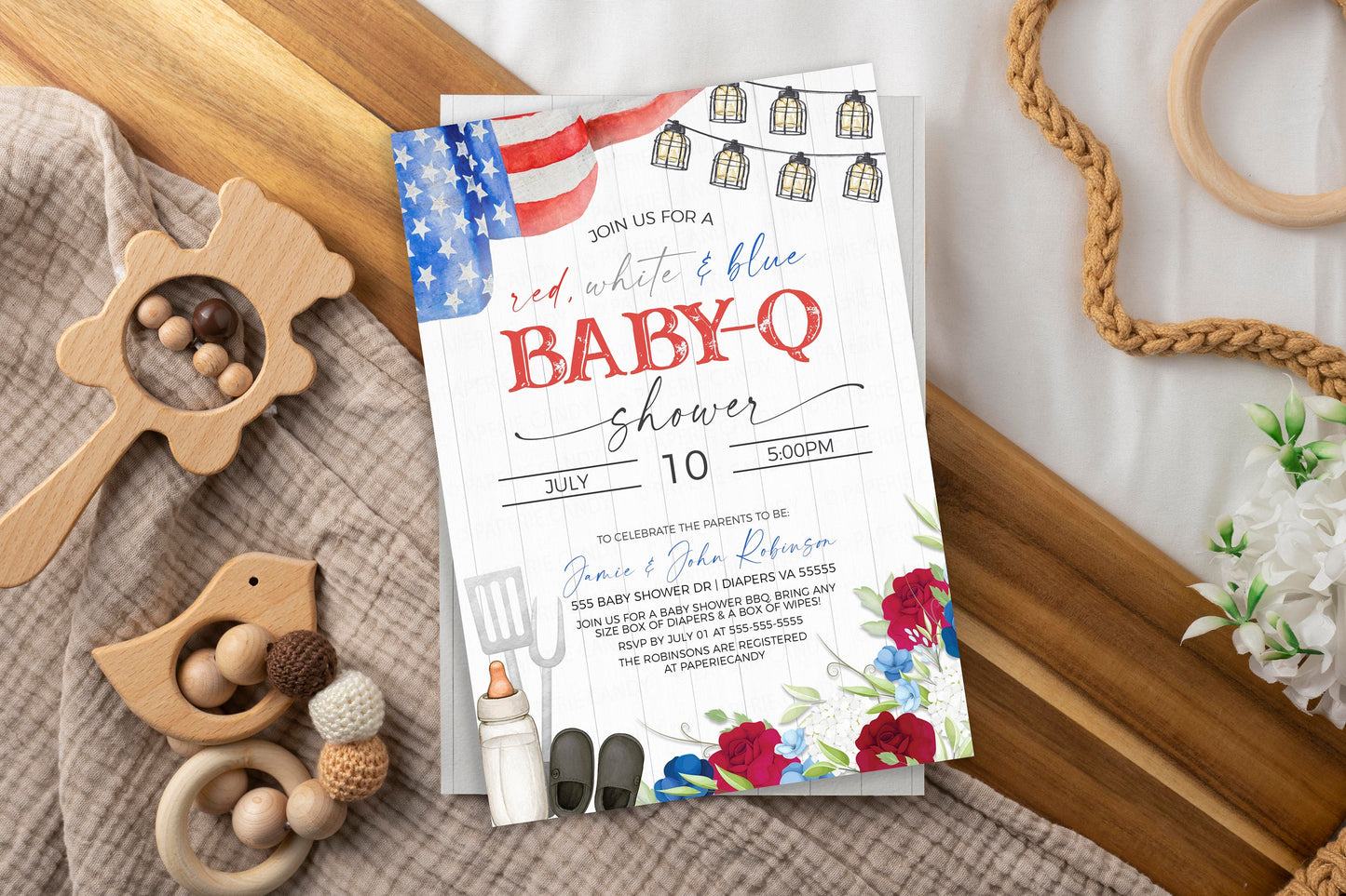 Baby-Q Baby Shower Invitation, Red White Blue Patriotic Babyq Invite American Flag Coed Couples BBQ Burgers Beer Barbecue Editable Printable