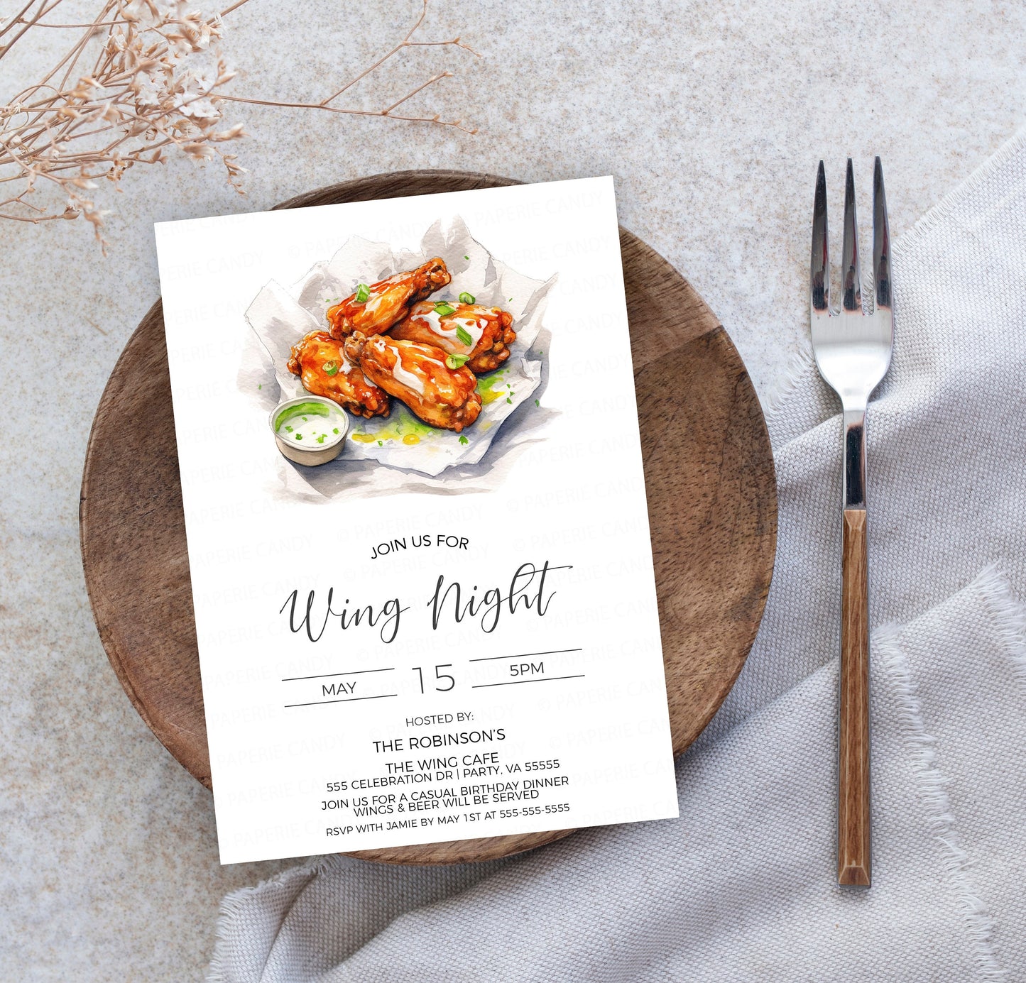 Wing Night Invitation, Chicken Wings Invite, Buffalo Wings, BBQ Wings, Hot Wings, Birthday Party, Guys Night, Editable Printable Template