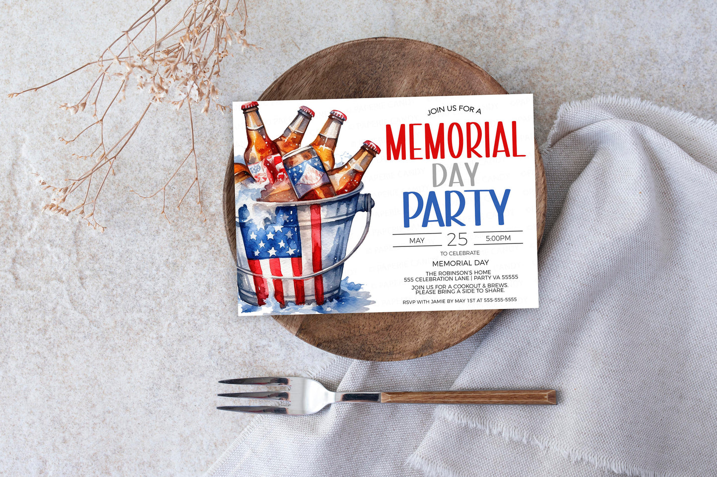 Memorial Day Party Invitation, Memorial Day Invite, Memorial Day Cookout, Burgers & Beer, Brunch Lunch Dinner, Editable Printable Template