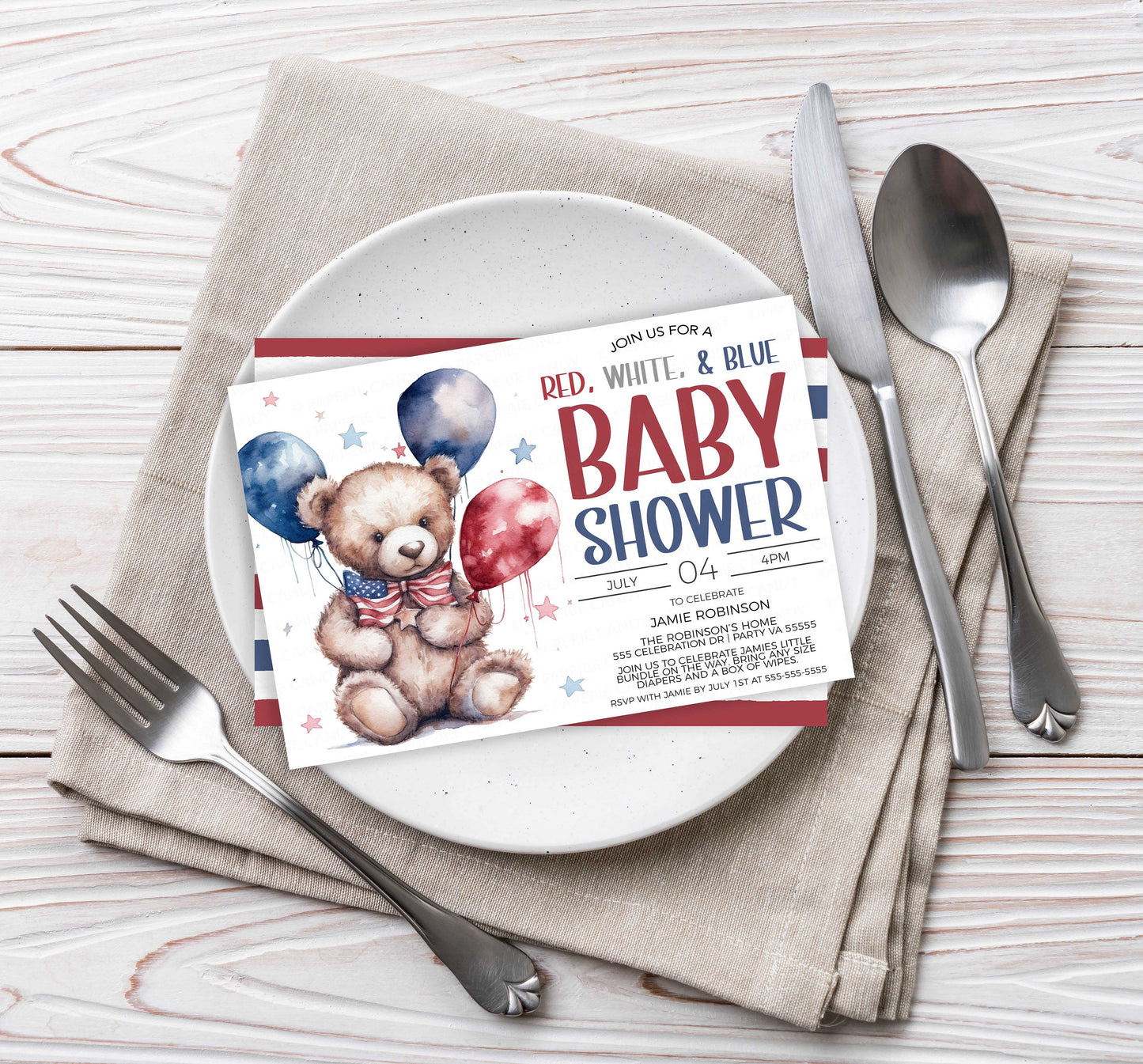 Patriotic Baby Shower Invitation, Red White Blue Baby Shower Invite, Red White Blue Baby, American Flag Teddy Bear Baby Shower, Military