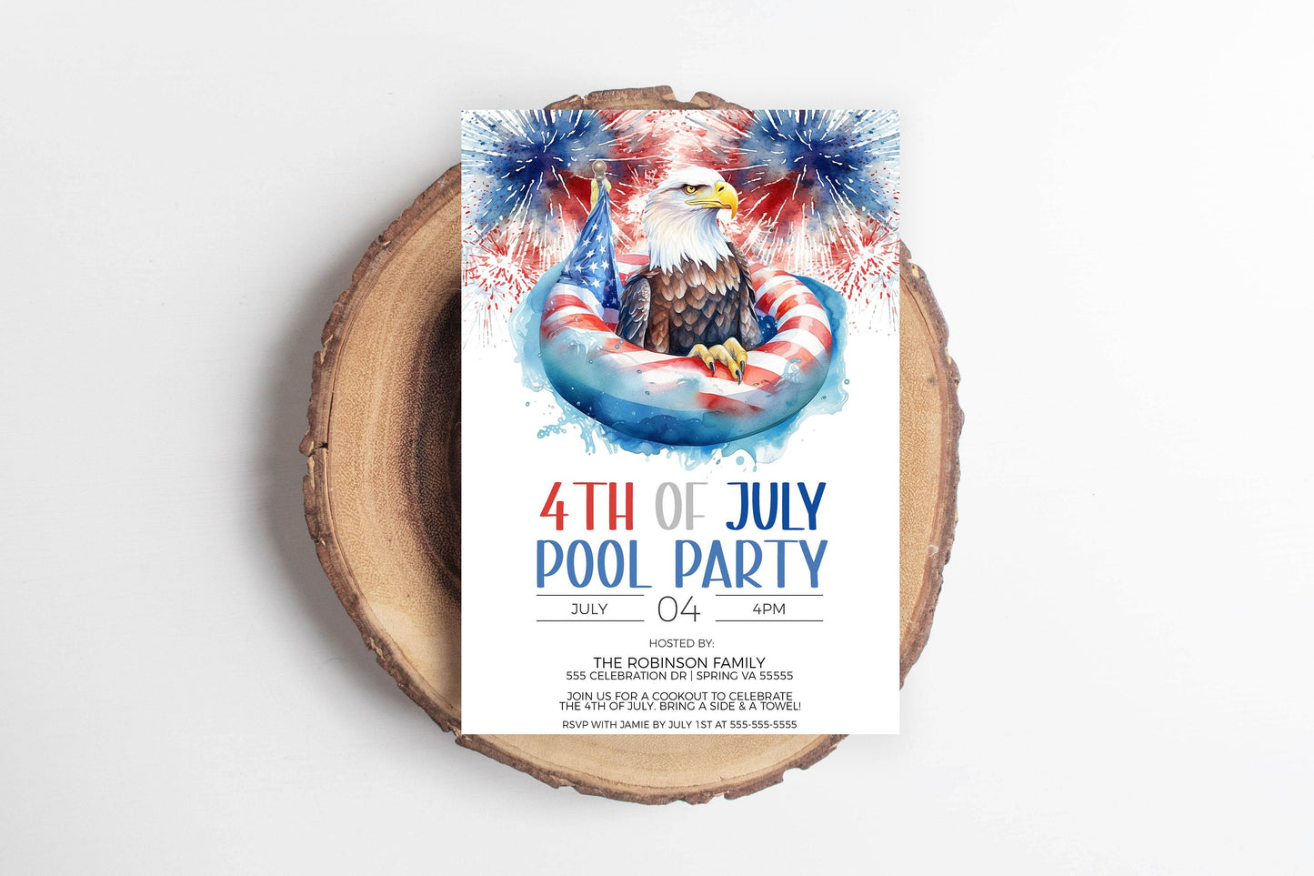 4th Of July Pool Party Invitation, Independence Day Pool Party Invite, July 4th BBQ Pool Party, American Bald Eagle, Editable Printable