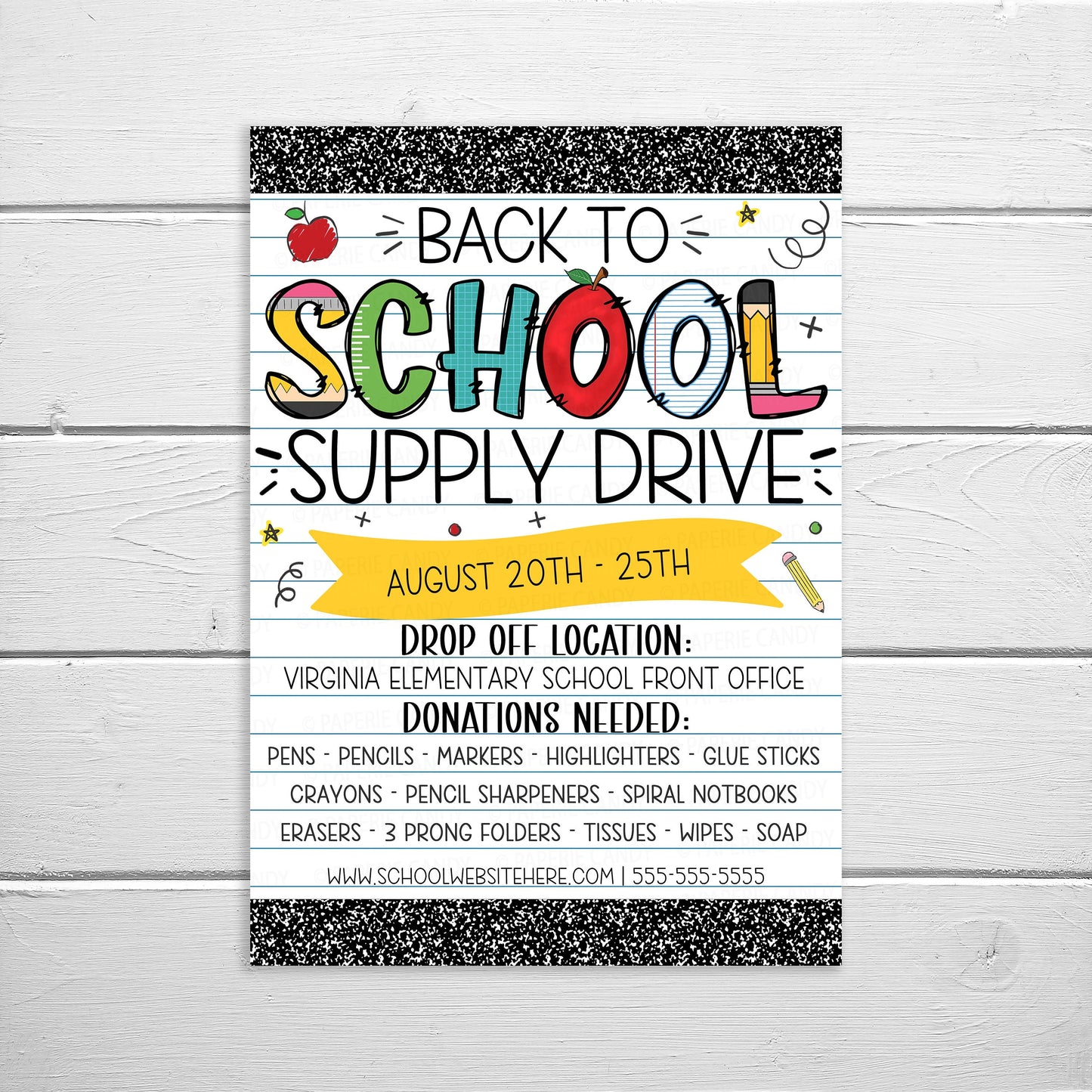 School Supply Drive Flyer, Printable Editable PTO PTA Flyer, Supplies Donations Fundraiser Poster, Back To School Invite, Supply Donation