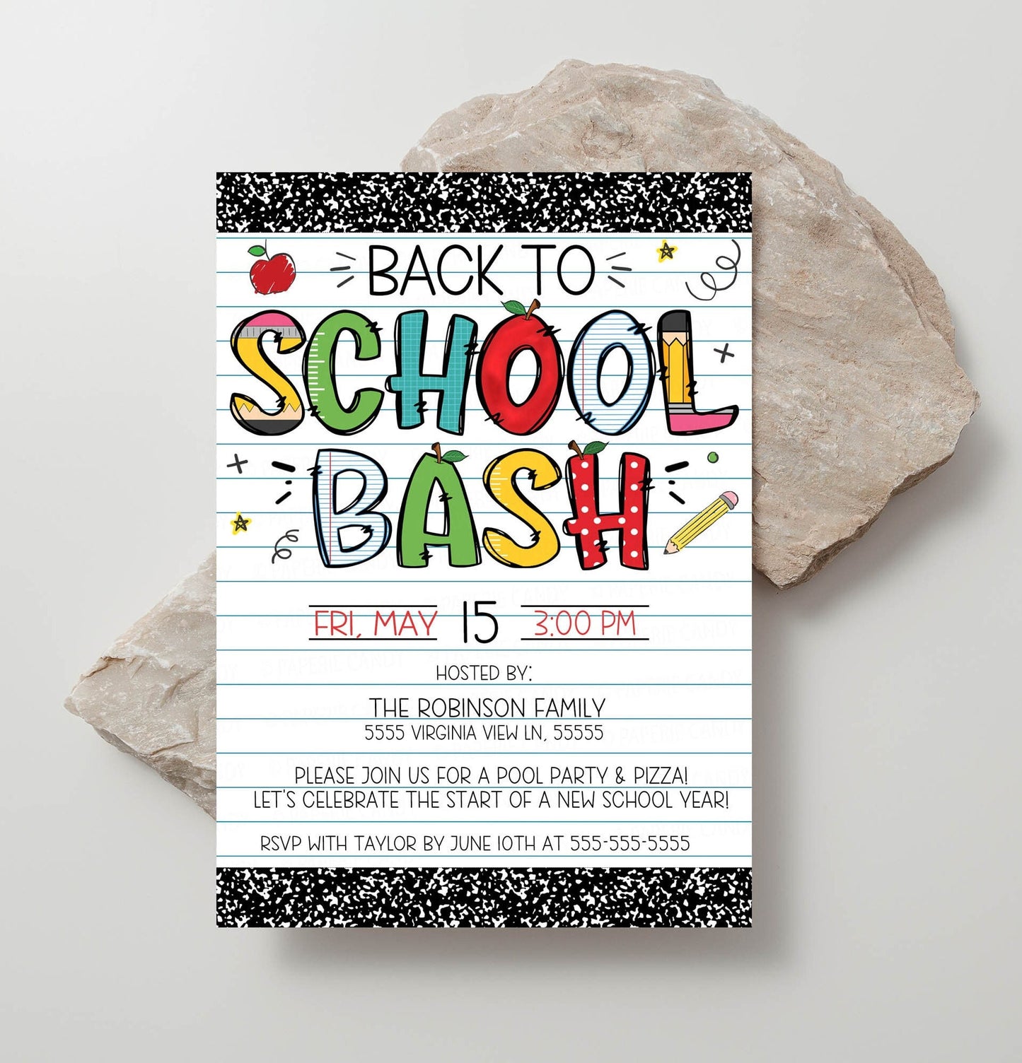 Back To School Party Invitation, Back To School Bash Invite, End Of Summer Party, Preschool Kindergarten Elementary, Editable Template