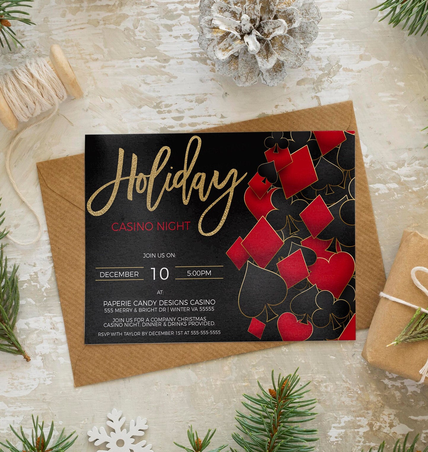 Editable Holiday Casino Party Invitation, Christmas Poker Night Invite, Business Company Staff Employee, Holiday Poker Fundraiser, Printable