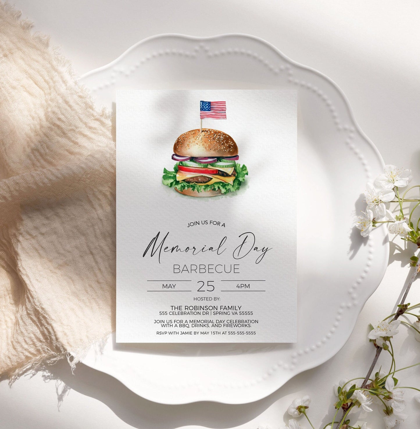 Memorial Day BBQ Invitation, Memorial Day Invite, Memorial Day Cookout, Memorial Day Party, Brunch Lunch Dinner, Editable Printable Template