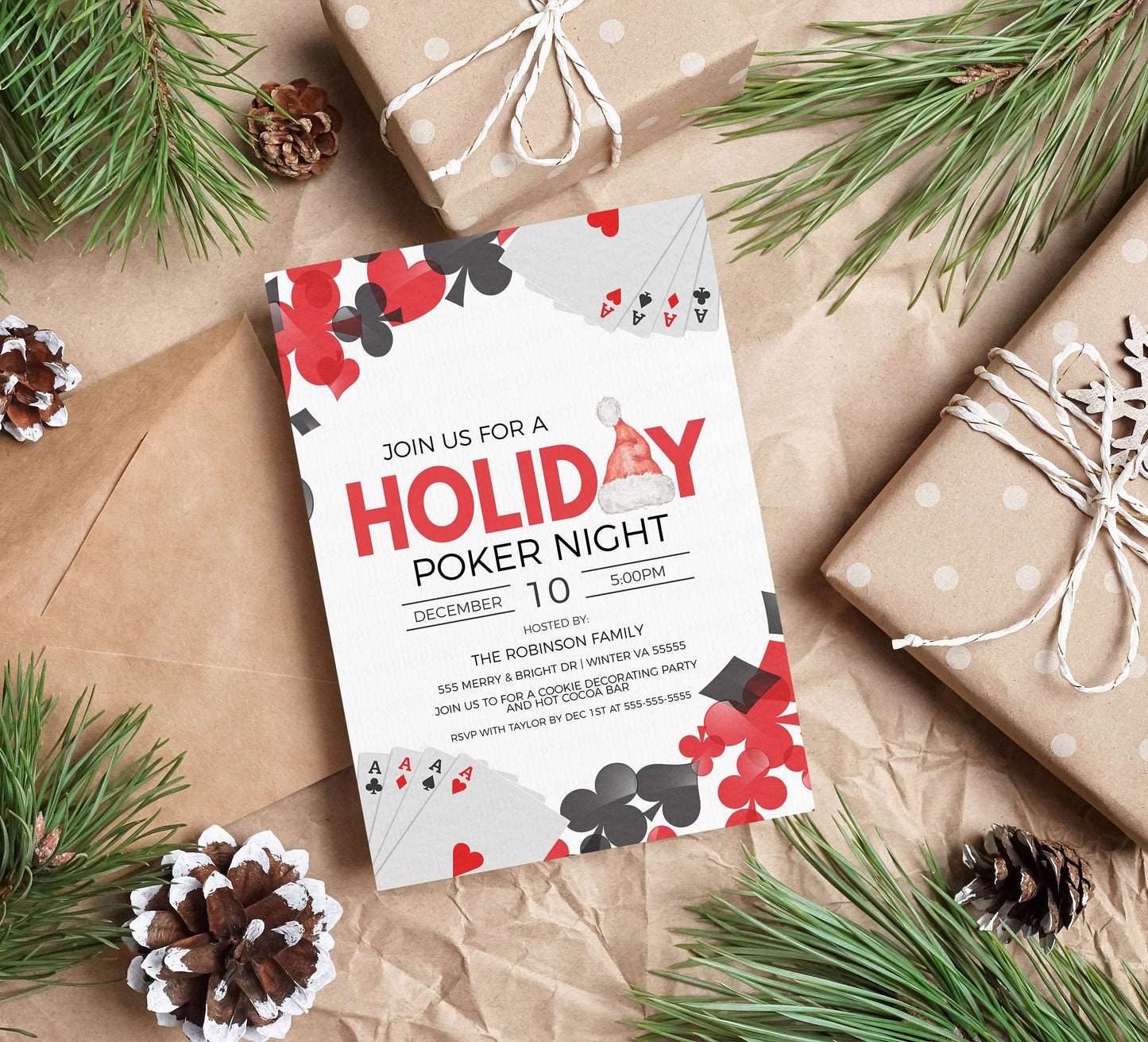 Editable Holiday Poker Night Party Invitation, Christmas Card Game Night Invite, Holiday Poker Fundraiser, Company Casino Night, Printable