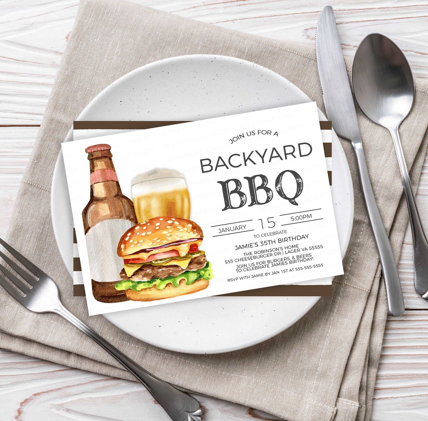 Backyard BBQ Invitation, Barbeque Burgers Beer Invite, Grilling Cookout Barbecue Party, Spring Summer Shower Editable Printable Template
