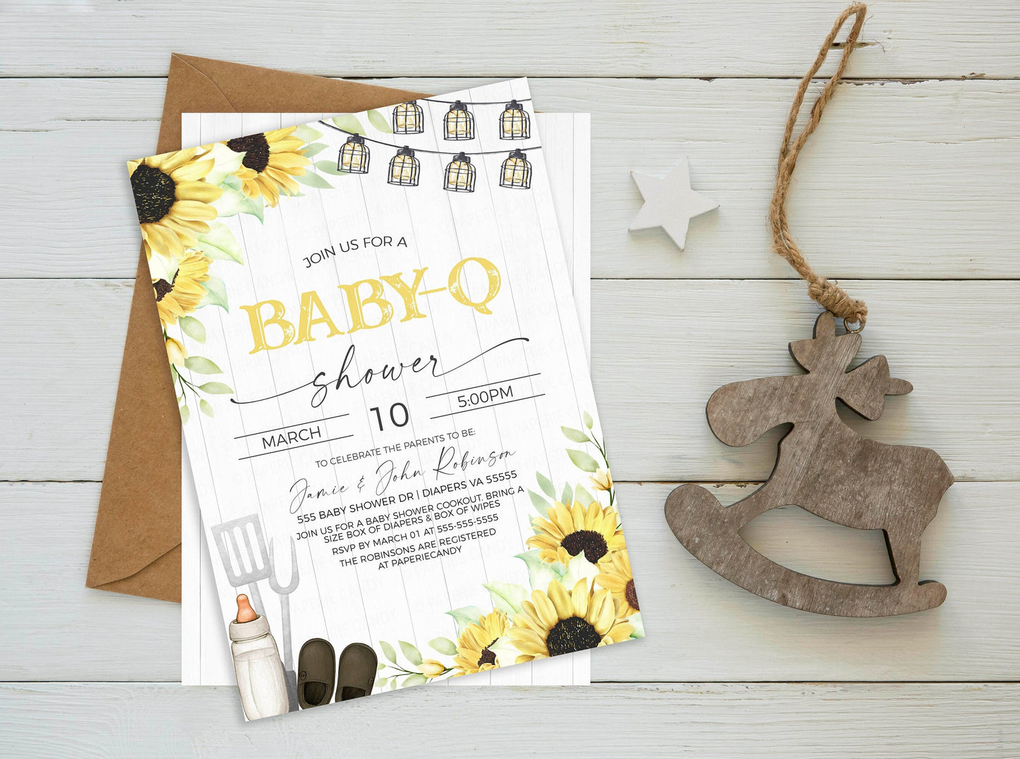 Baby-Q Baby Shower Invitation, Gender Neutral Sunflowers Baby-Q Invite, Coed Couples BBQ Burgers Beer, Backyard Barbecue, Editable Printable