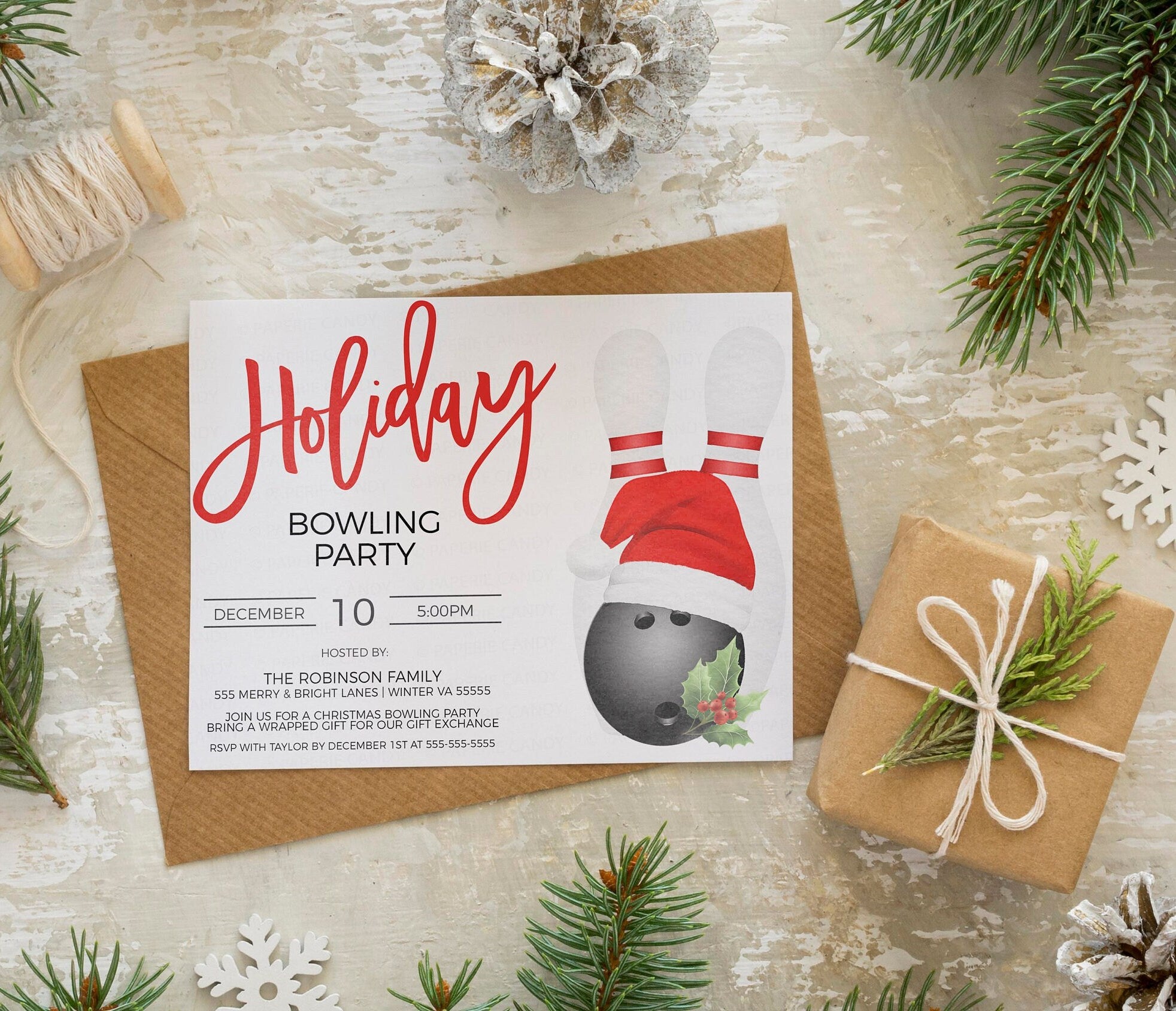 Christmas Bowling Party Invitation, Editable Holiday Bowling Invite, C