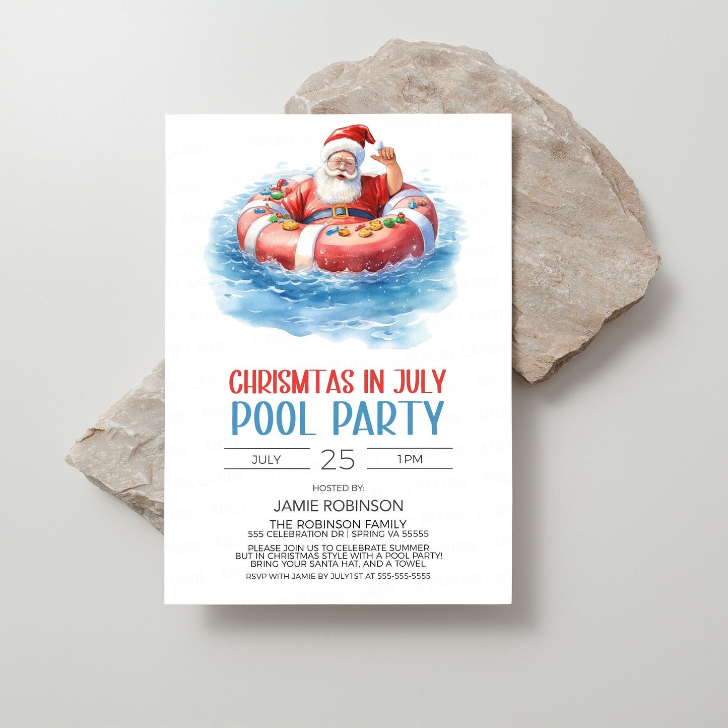Christmas In July Pool Party Invitation, Christmas In Summer Pool Party Invite, Summer Santa Pool Party, Editable Printable Template