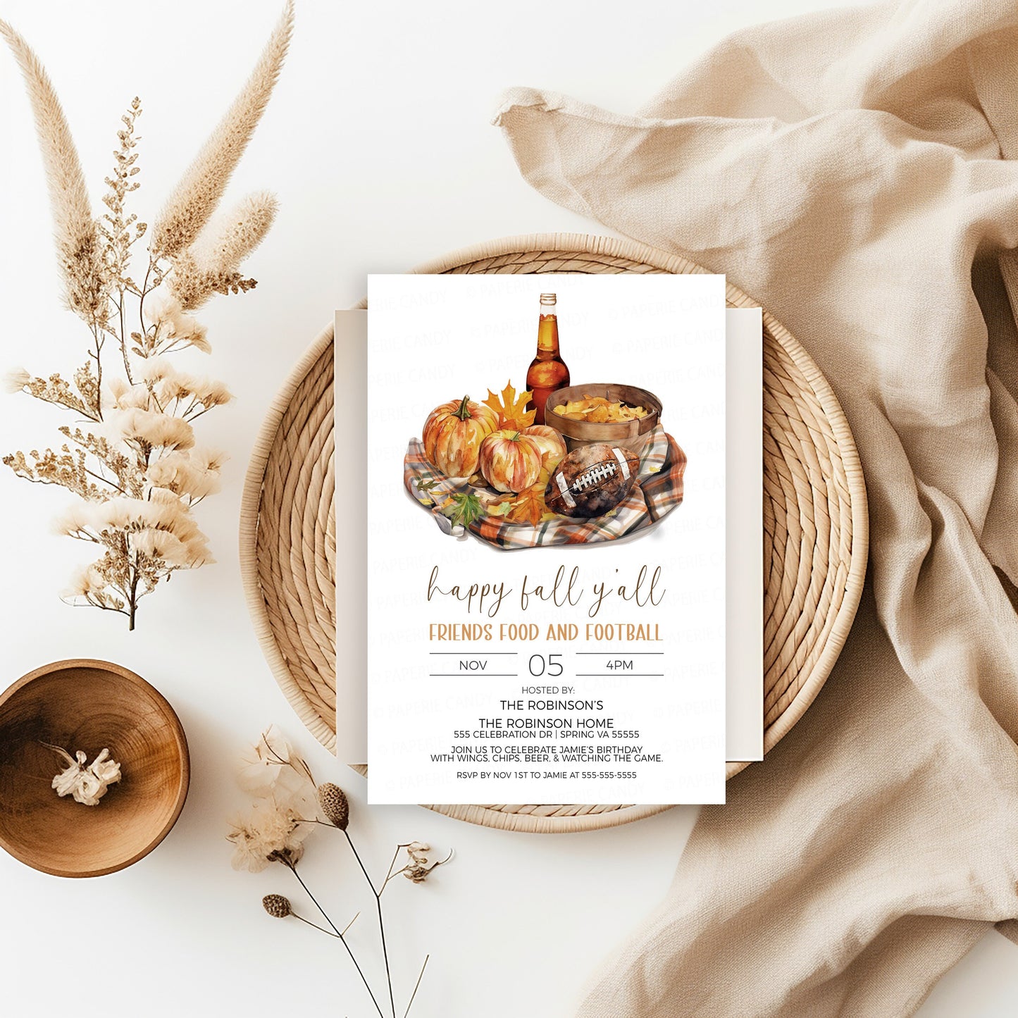 Fall Football Party Invitation, Happy Fall Ya'll, Friends Food & Football Invite, BBQ Burger Beer Football Game, 30th 35th 40th 45th 50th