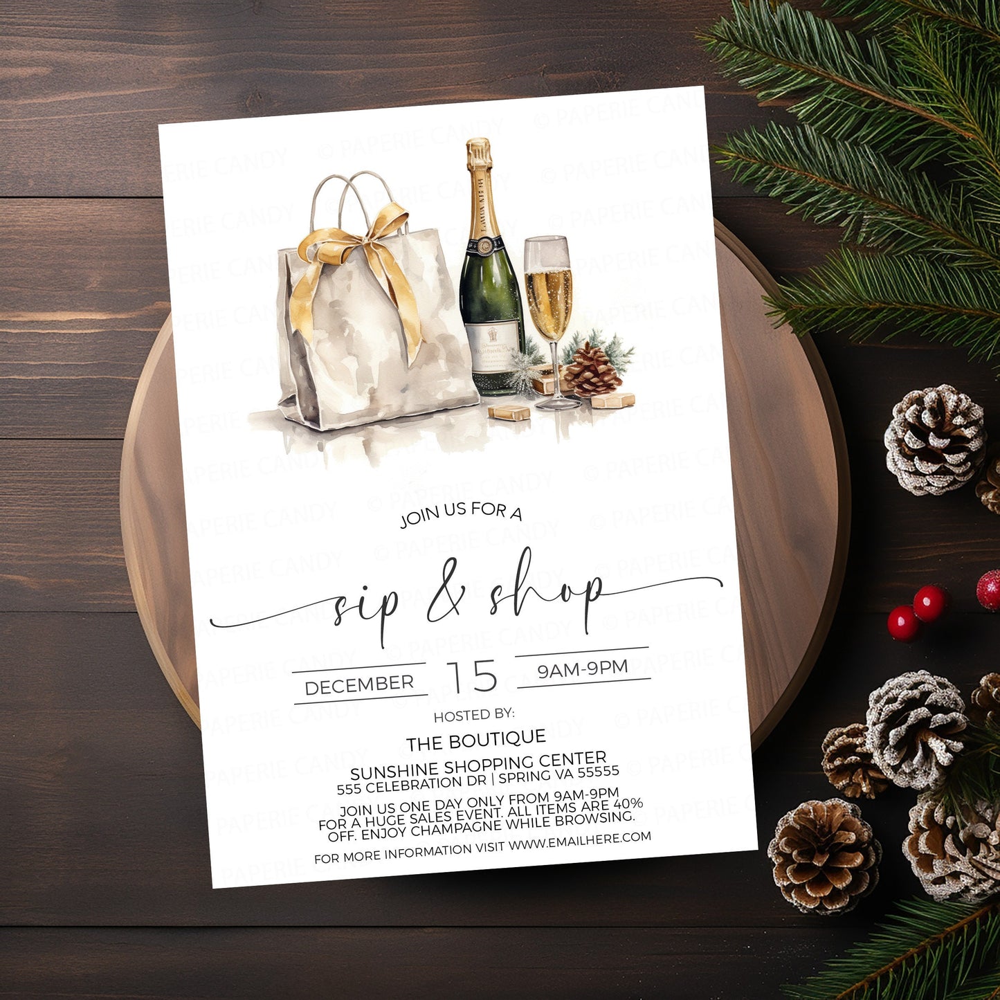 Holiday Sip And Shop Invitation, Winter Sip and Shop Invite, Christmas Boutique Store Sale, Champagne Wine Shopping, Open House, Company