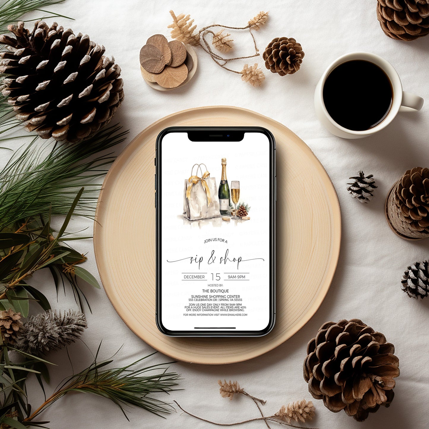 Holiday Sip And Shop Invitation, Winter Sip and Shop Invite, Christmas Boutique Store Sale, Champagne Wine Shopping, Open House, Company