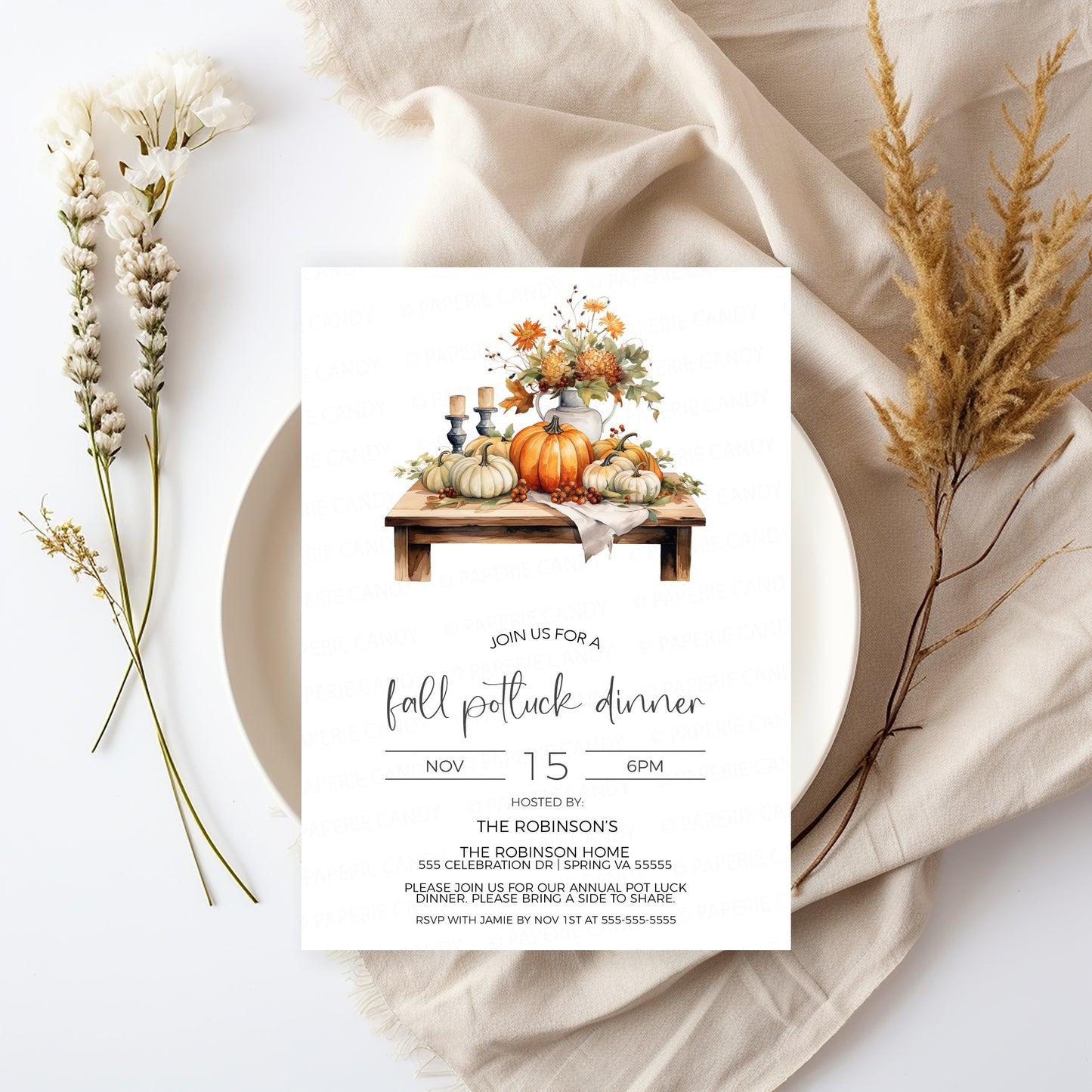 Fall Potluck Invitation, Thanksgiving Potluck Invite, Autumn Dinner Brunch Lunch, Church Company Business Potluck, Printable Template