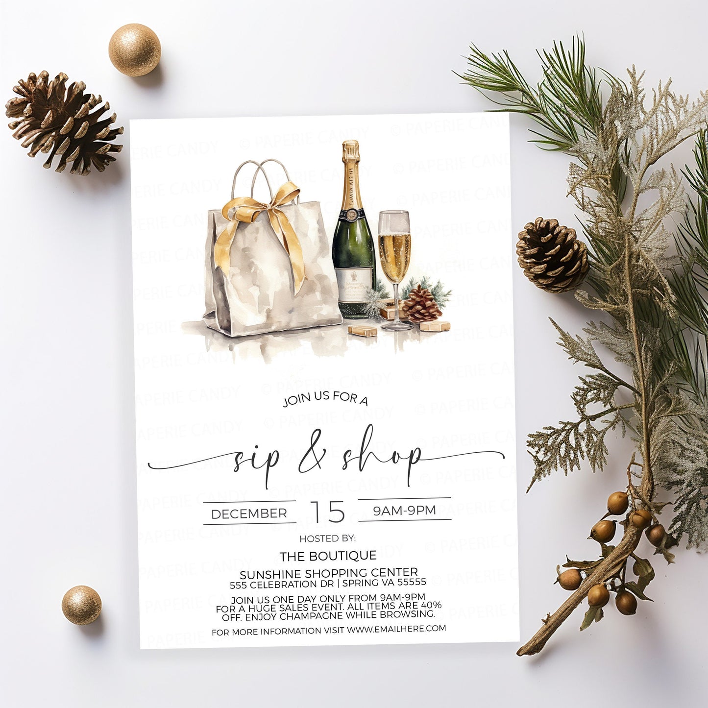 Holiday Sip And Shop Invitation, Winter Sip and Shop Invite, Christmas Boutique Store Sale, Champagne Wine Shopping, Open House, Company