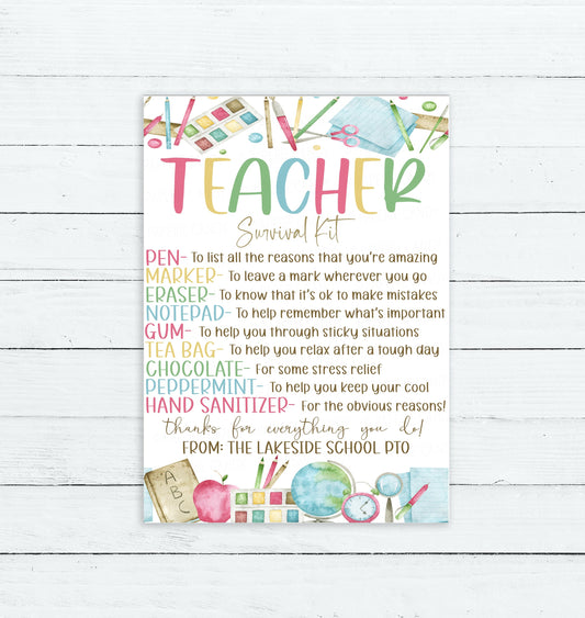Teacher Survival Kit Gift Tag, Welcome Back To School, First Day Label, Gift For Teacher Staff PTO PTA, Editable Printable Instant Download