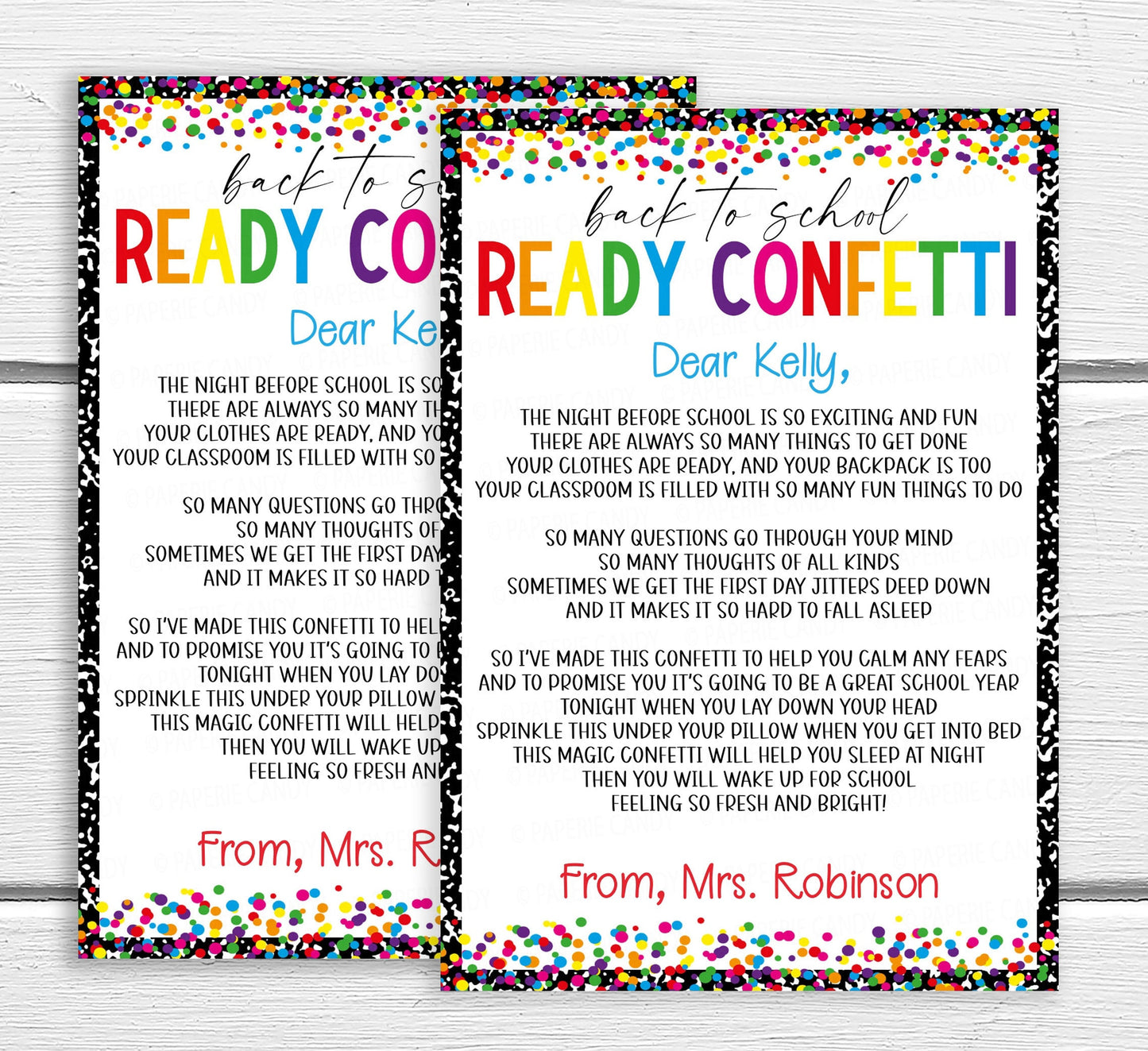Editable Back To School Ready Confetti, First Day Jitters, Night Before School, Gift For Students Classroom Child, Teacher PTA PTO Printable