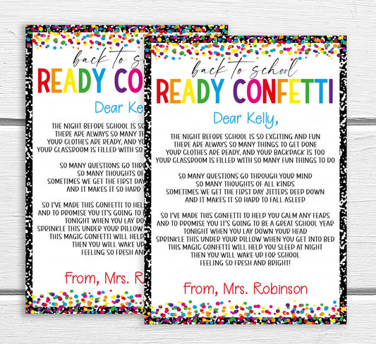 Editable Back To School Ready Confetti, First Day Jitters, Night Before School, Gift For Students Classroom Child, Teacher PTA PTO Printable