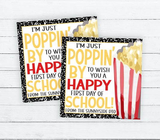 Back To School Popcorn Gift Tag, Poppin' By To Wish You A Happy First Day Of School, Gift For Teachers Students Staff PTO PTA, Printable