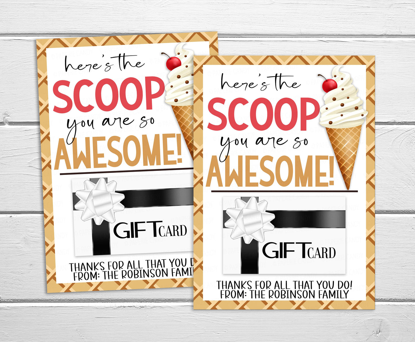 Ice Cream Gift Card Holder, Here's The Scoop You're Awesome, Gift For Teachers Staff Employees Volunteers Nurse PTO PTA, Editable Printable